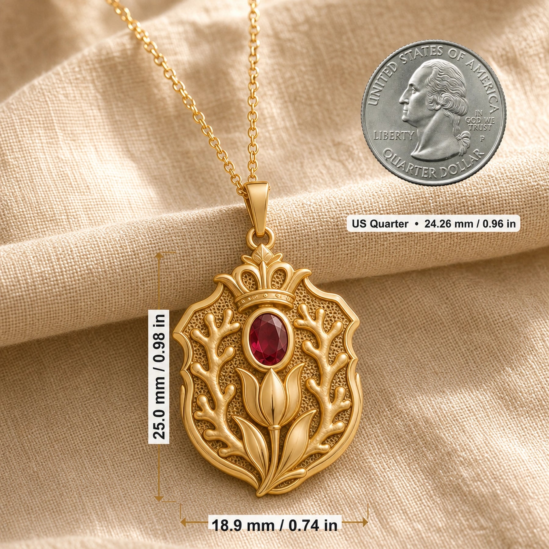 Imperial ruby sacred coral tulip pendant with a faceted deep-red oval stone in a smooth bezel setting, crowned detail, raised tulip bloom, and branching coral-inspired relief. Product dimensions and measurements.