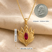 Ruby Elven Crownleaf pendant with layered engraved leaf details, pointed crown-like shapes, and a deep red marquise-shaped stone in a raised central setting. Product dimensions and measurements.