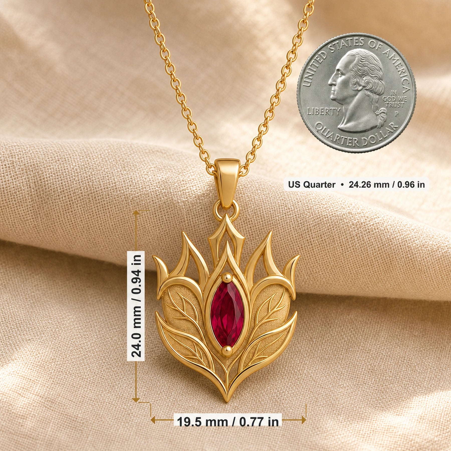 Ruby Elven Crownleaf pendant with layered engraved leaf details, pointed crown-like shapes, and a deep red marquise-shaped stone in a raised central setting. Product dimensions and measurements.