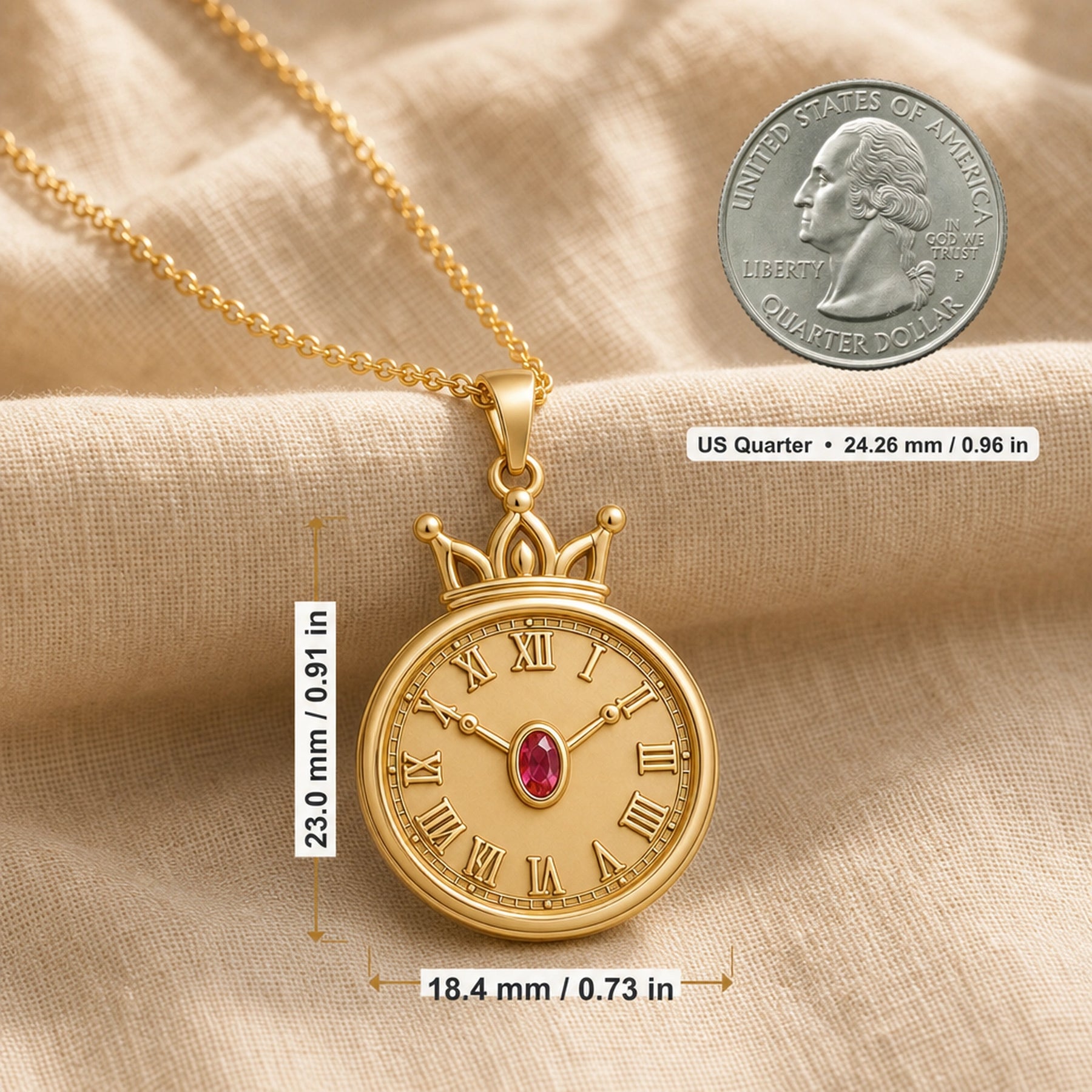 Ruby crowned Roman clock pendant with raised Roman numerals, ornate beaded clock border, sculpted crown, slim hands, and an oval ruby-red center stone in a bezel-style setting. Product dimensions and measurements.