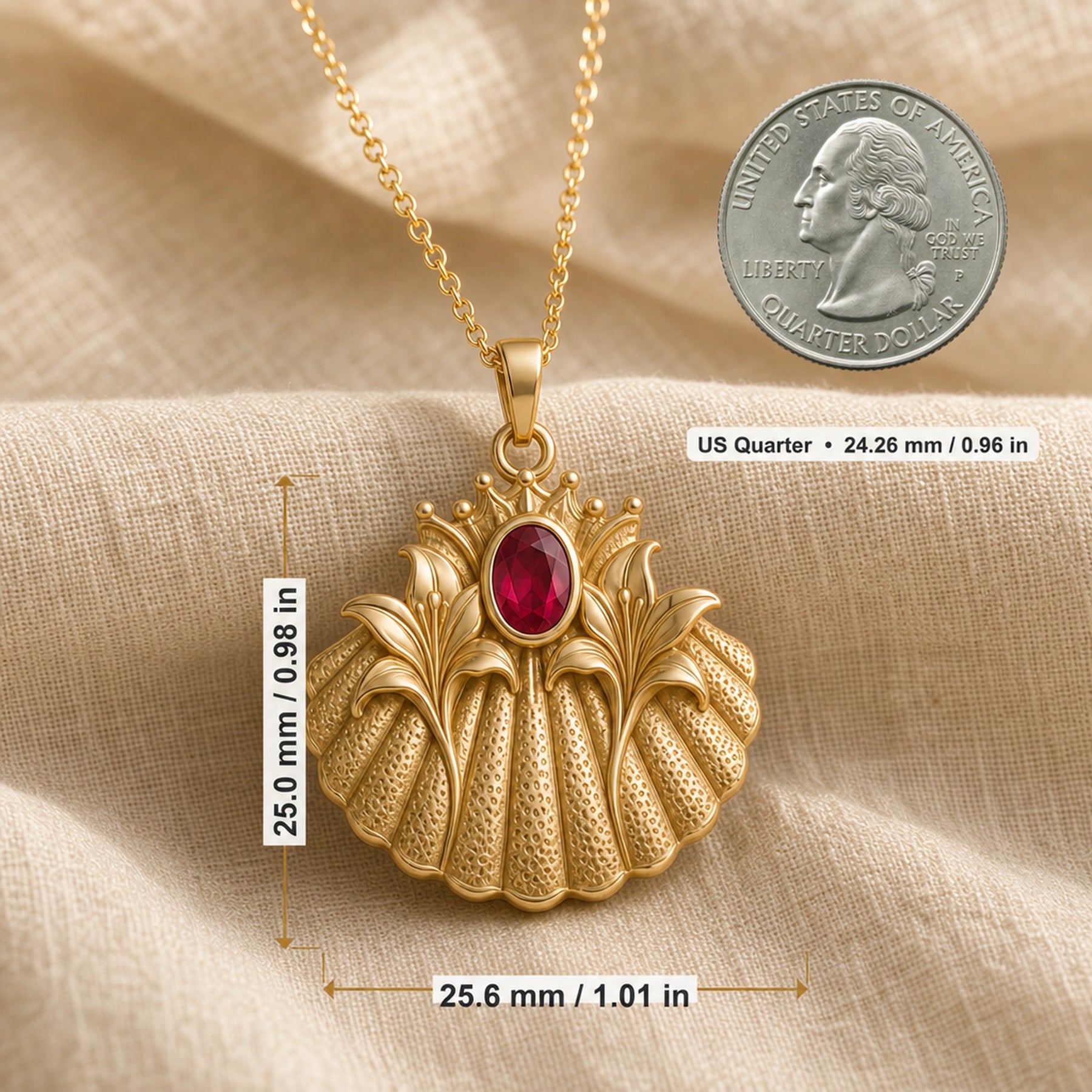 Crowned ruby lily shell pendant with raised lily petals, textured shell relief, crown detail, and an oval ruby-red stone in a smooth bezel-style setting. Product dimensions and measurements.