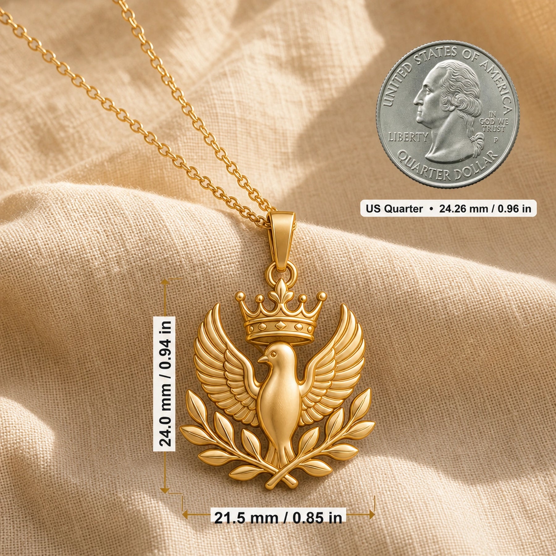 Regal olive dove crown pendant in 925 sterling silver, showing a raised dove with spread feathered wings, a detailed crown above, and crossed olive branches below without a gemstone setting. Product dimensions and measurements.