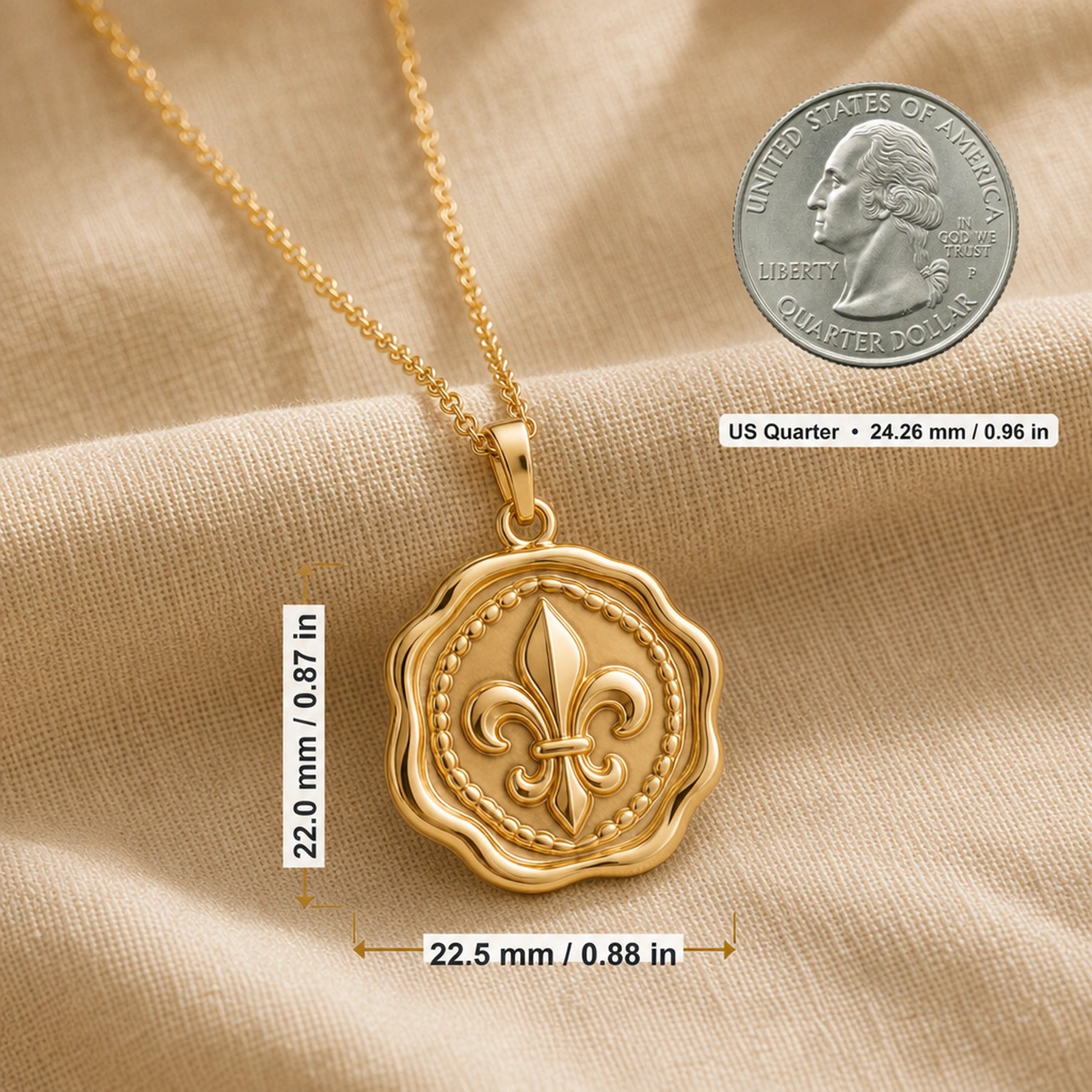 Fleur-de-lis wax seal pendant with a raised heraldic lily, beaded inner border, scalloped circular seal edge, polished warm yellow finish, and cable chain. Product dimensions and measurements.