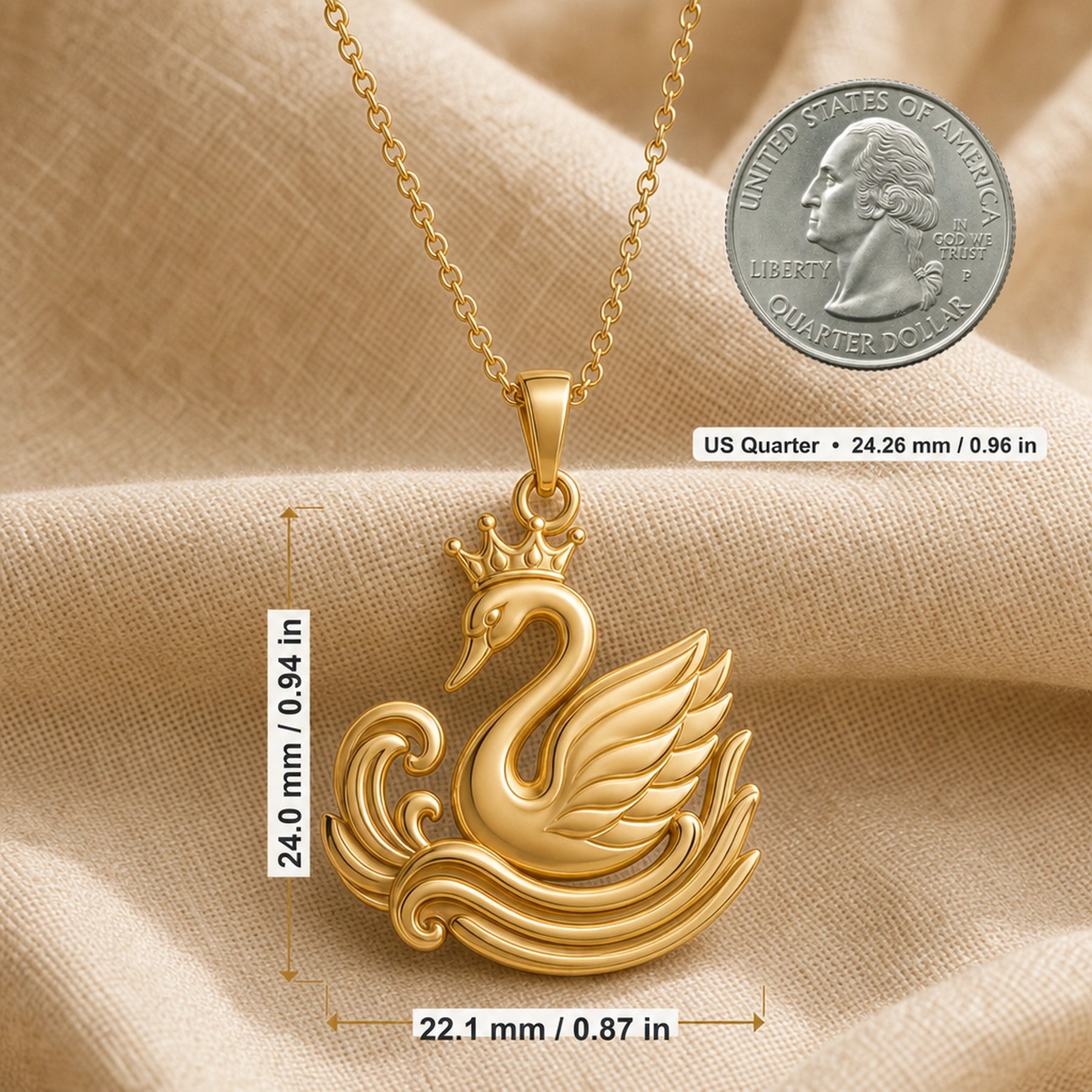 Crowned swan ripple pendant in a warm yellow finish, featuring a raised crown, curved swan neck, layered feather wing, and sculpted wave relief with no gemstone or stone setting. Product dimensions and measurements.