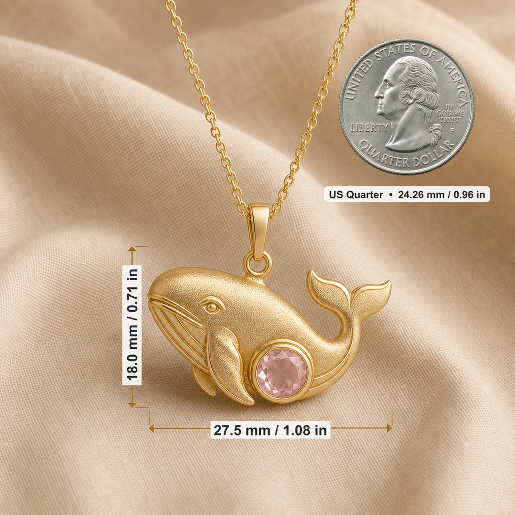925 sterling silver whale pendant with sculpted fins, lifted tail and a round pale pink rose quartz centerpiece. Product dimensions and measurements.