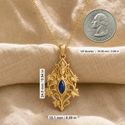 Sapphire ivy elven princess pendant with a deep blue marquise-shaped stone in a framed setting, surrounded by raised ivy leaves, curling vines, and detailed fantasy relief. Product dimensions and measurements.