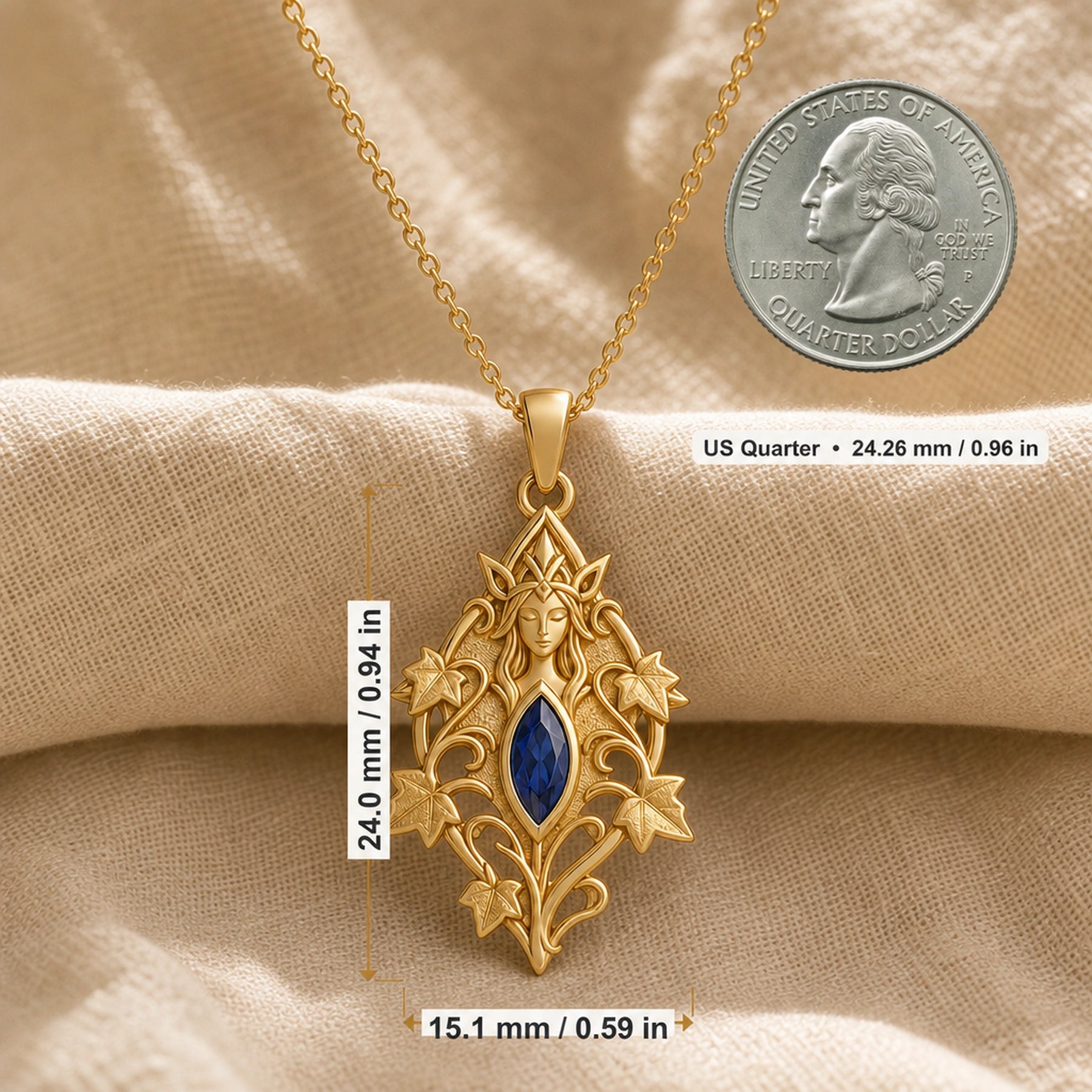 Sapphire ivy elven princess pendant with a deep blue marquise-shaped stone in a framed setting, surrounded by raised ivy leaves, curling vines, and detailed fantasy relief. Product dimensions and measurements.