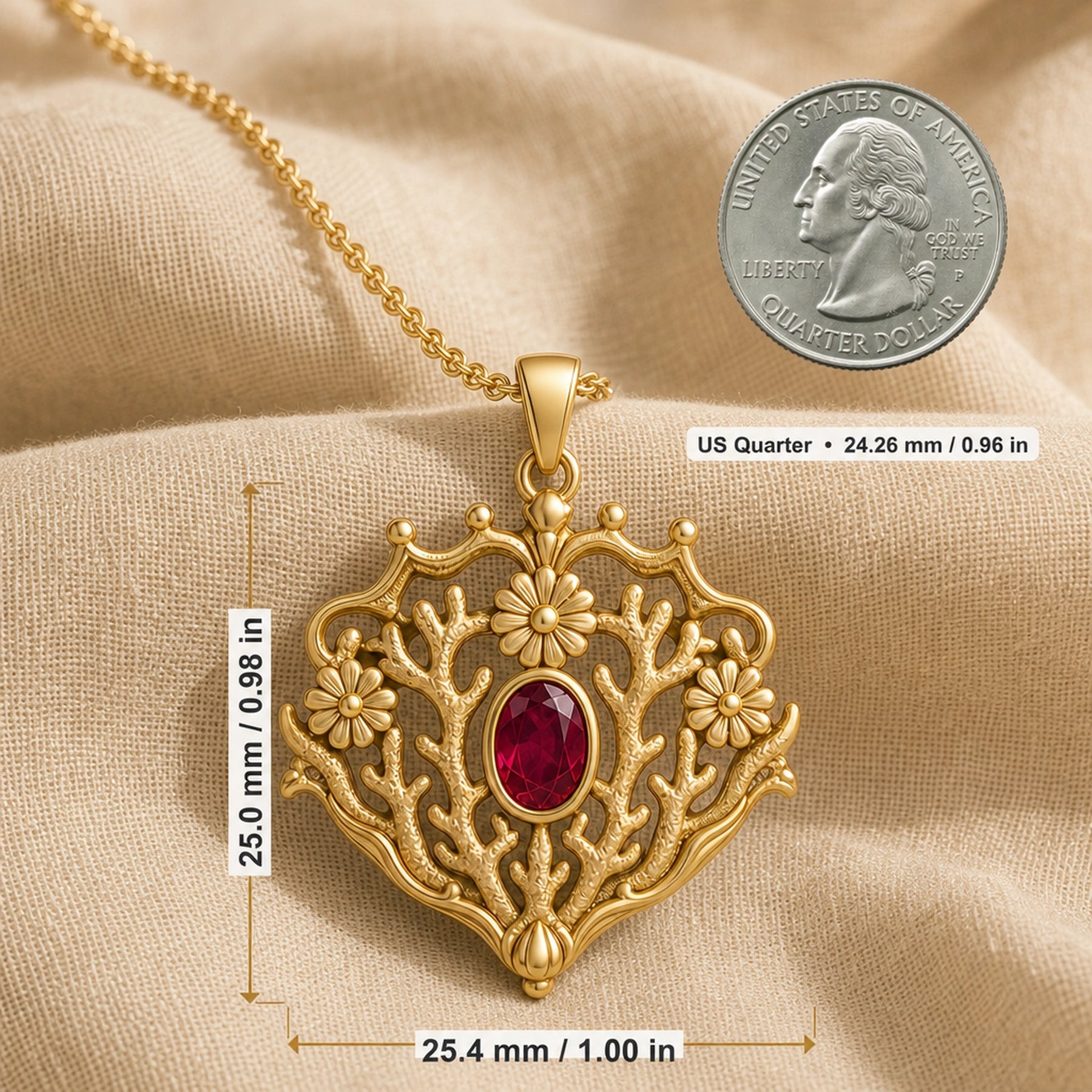 Ruby coral crown daisy pendant with an oval deep-red stone in a smooth bezel, raised daisy flowers, and branching coral-like openwork in an ornate frame. Product dimensions and measurements.