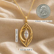 Moonlight crystal elven pendant with a clear marquise-cut crystal in a pointed setting, surrounded by flowing leaf-like openwork and an elegant teardrop-shaped frame. Product dimensions and measurements.