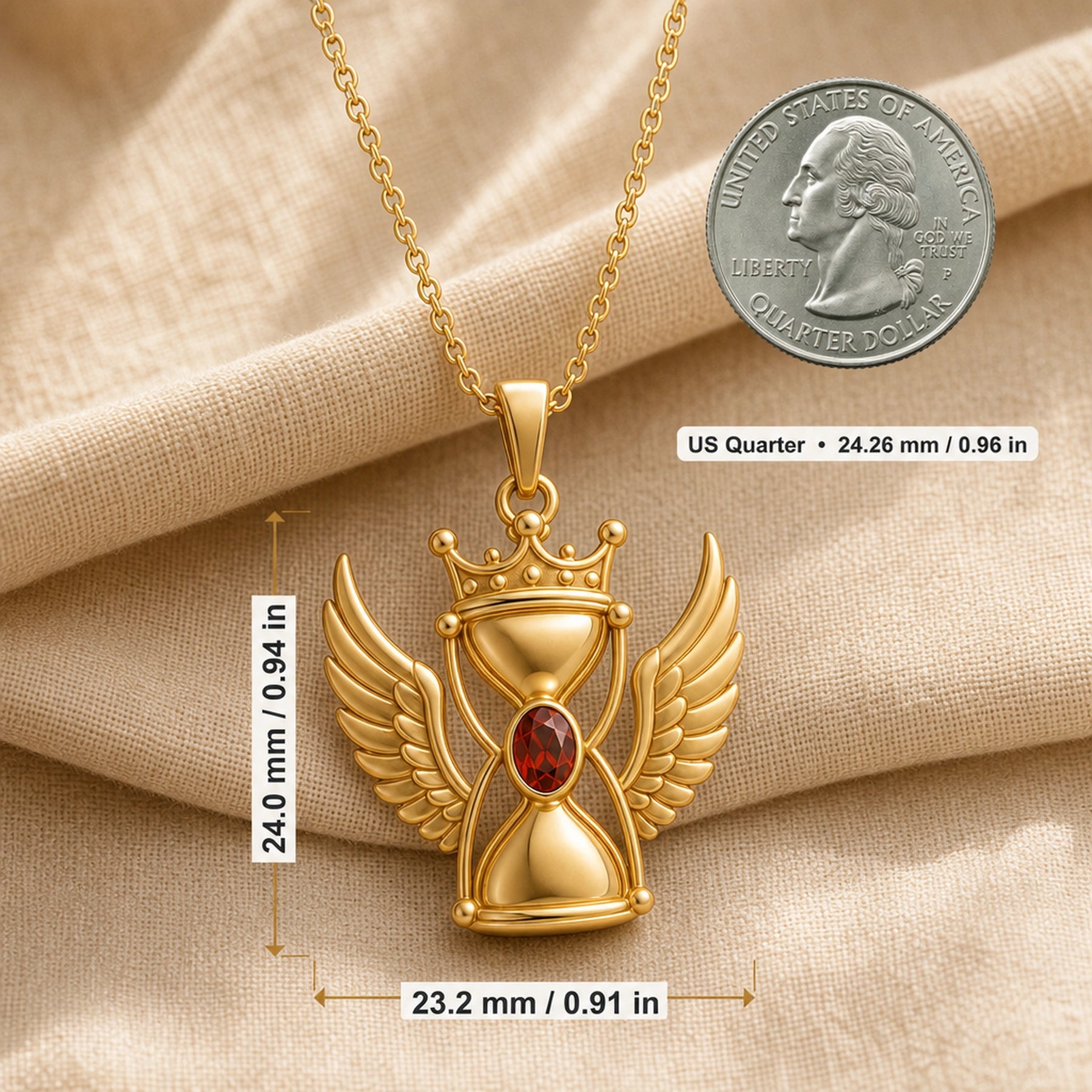 Crowned winged hourglass garnet pendant with layered feathered wings, raised crown detail, sculpted hourglass frame, and faceted deep red garnet centerpiece. Product dimensions and measurements.