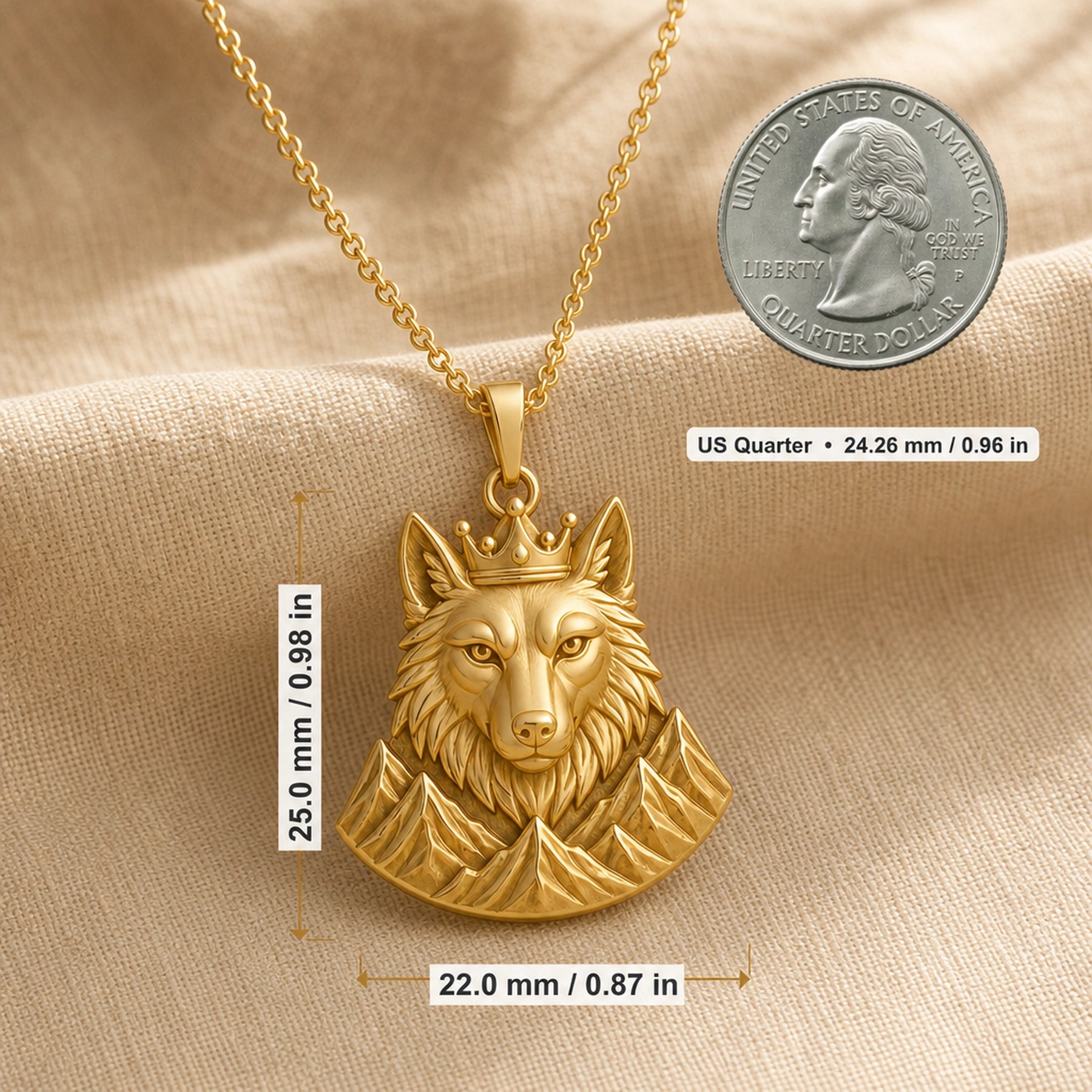 Crowned alpine wolf pendant in a warm yellow finish, showing a detailed wolf head, raised crown, and sculpted mountain relief beneath the bail. Product dimensions and measurements.