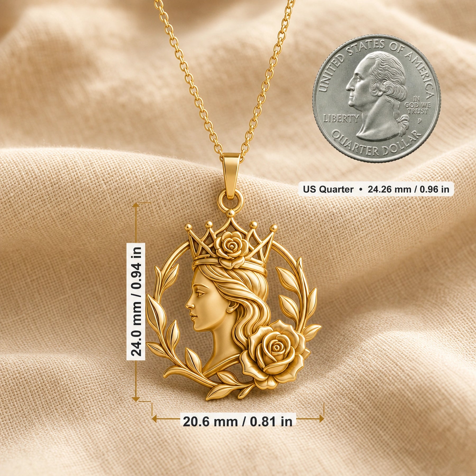 Handcrafted 925 sterling silver queen portrait tema rose crown shown as a detailed pendant necklace. Product dimensions and measurements.
