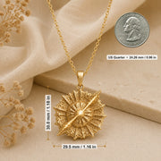 925 sterling silver round supernova quasar pendant with radiating relief and a highly textured celestial surface. Product dimensions and measurements.