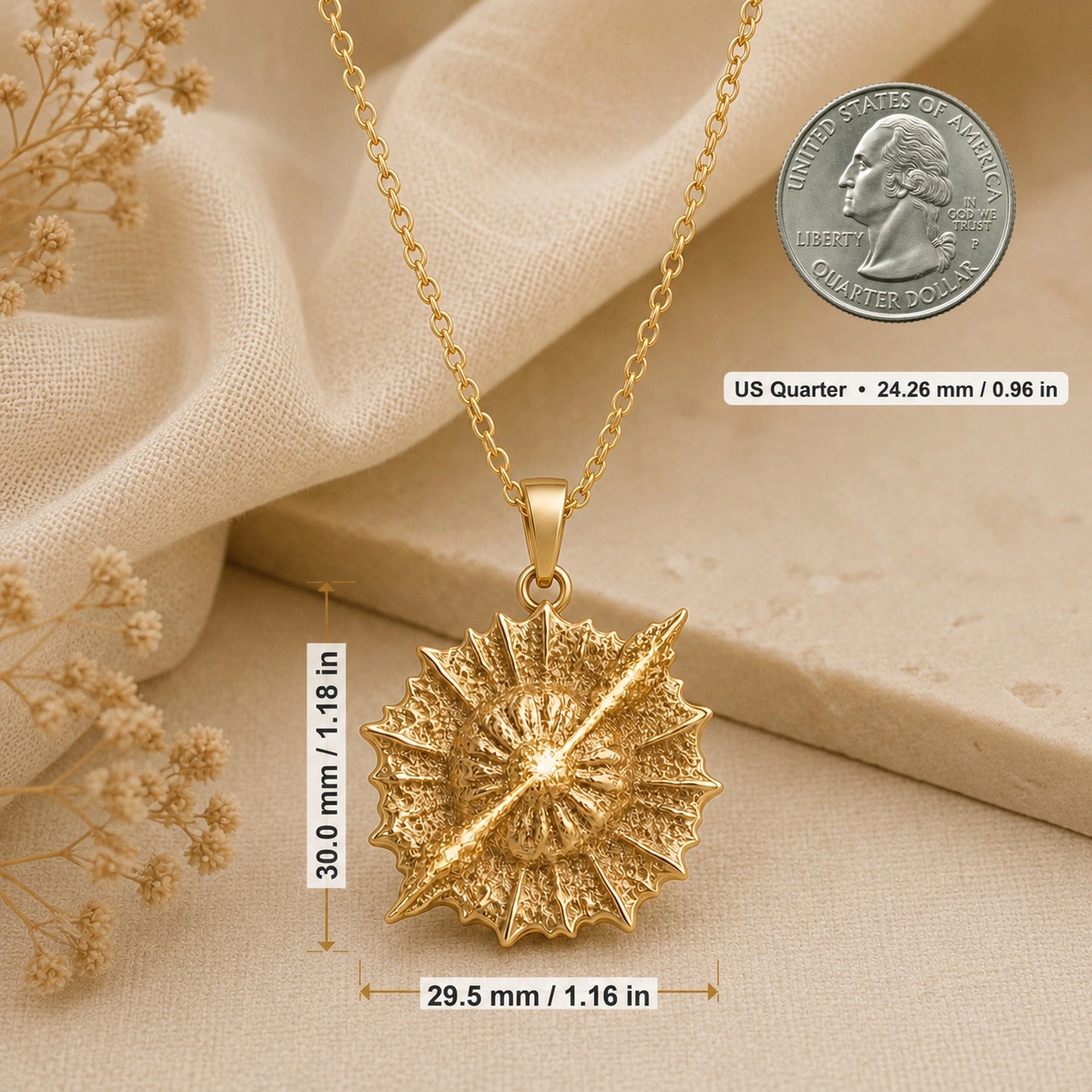 925 sterling silver round supernova quasar pendant with radiating relief and a highly textured celestial surface. Product dimensions and measurements.