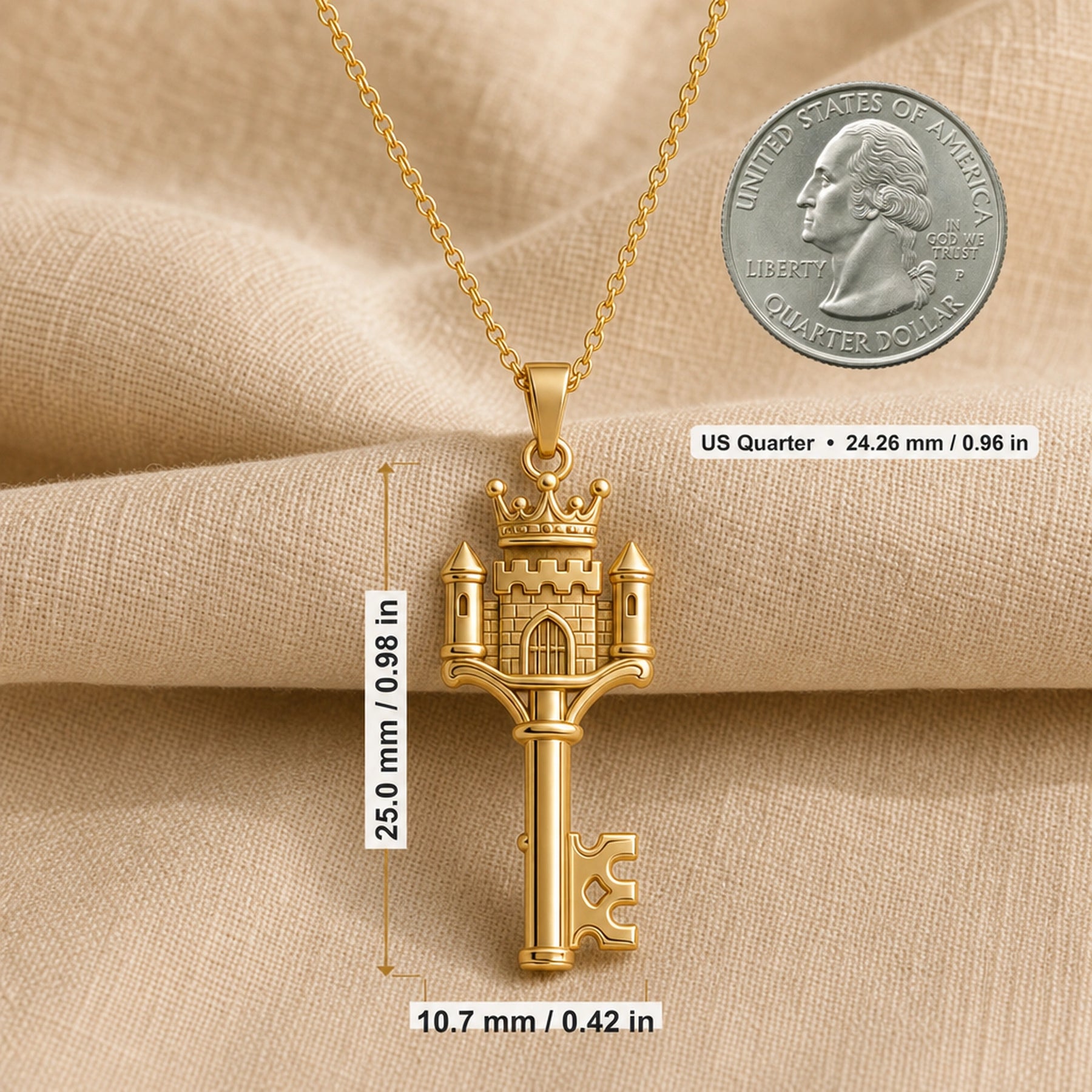 Crowned castle key pendant with raised brickwork, turreted towers, arched doorway, royal crown detail, and a polished warm-toned finish on a cable chain. Product dimensions and measurements.