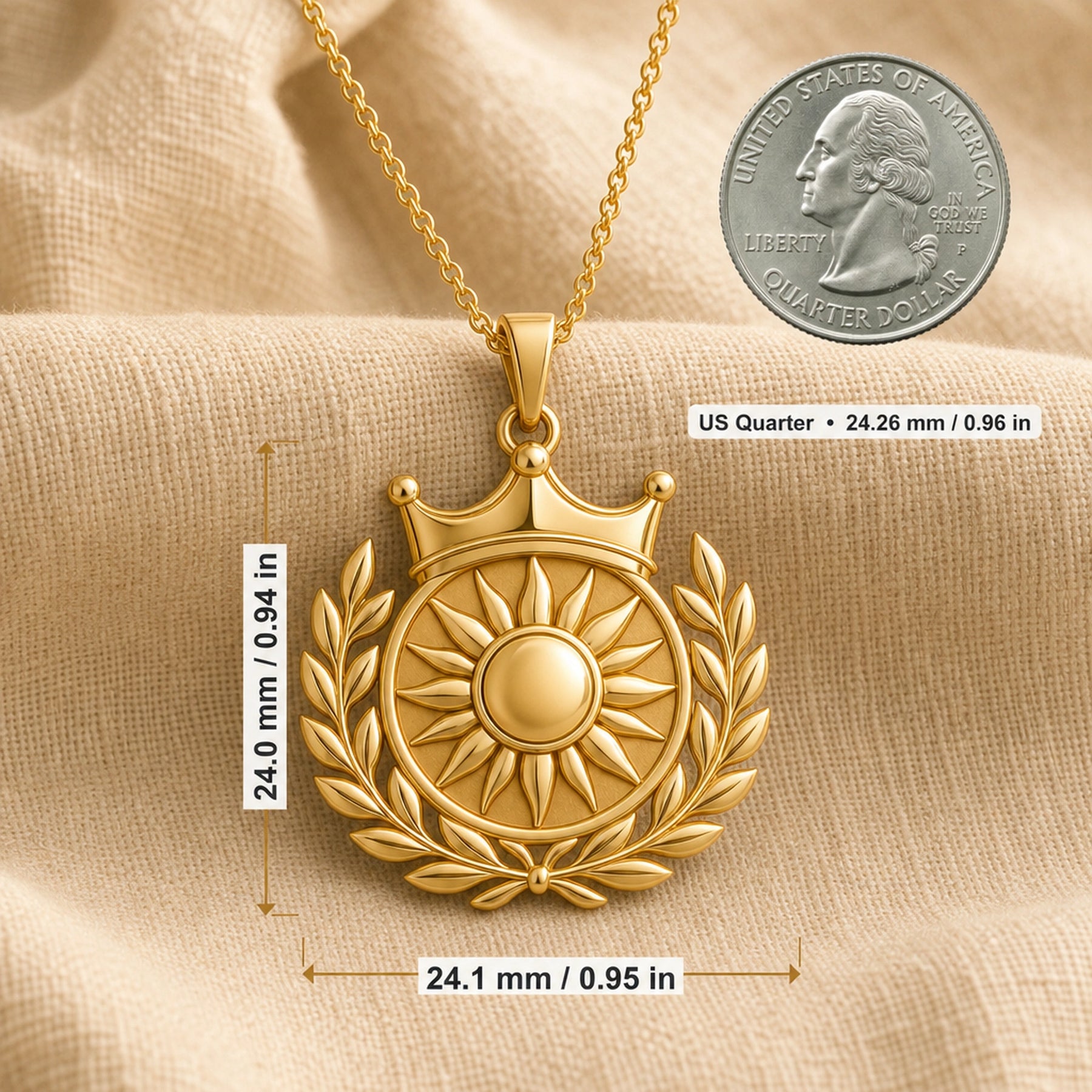 Royal sun laurel crown pendant with a raised sunburst center, polished circular medallion, detailed leaf wreath, and three-point crown on a cable chain. Product dimensions and measurements.