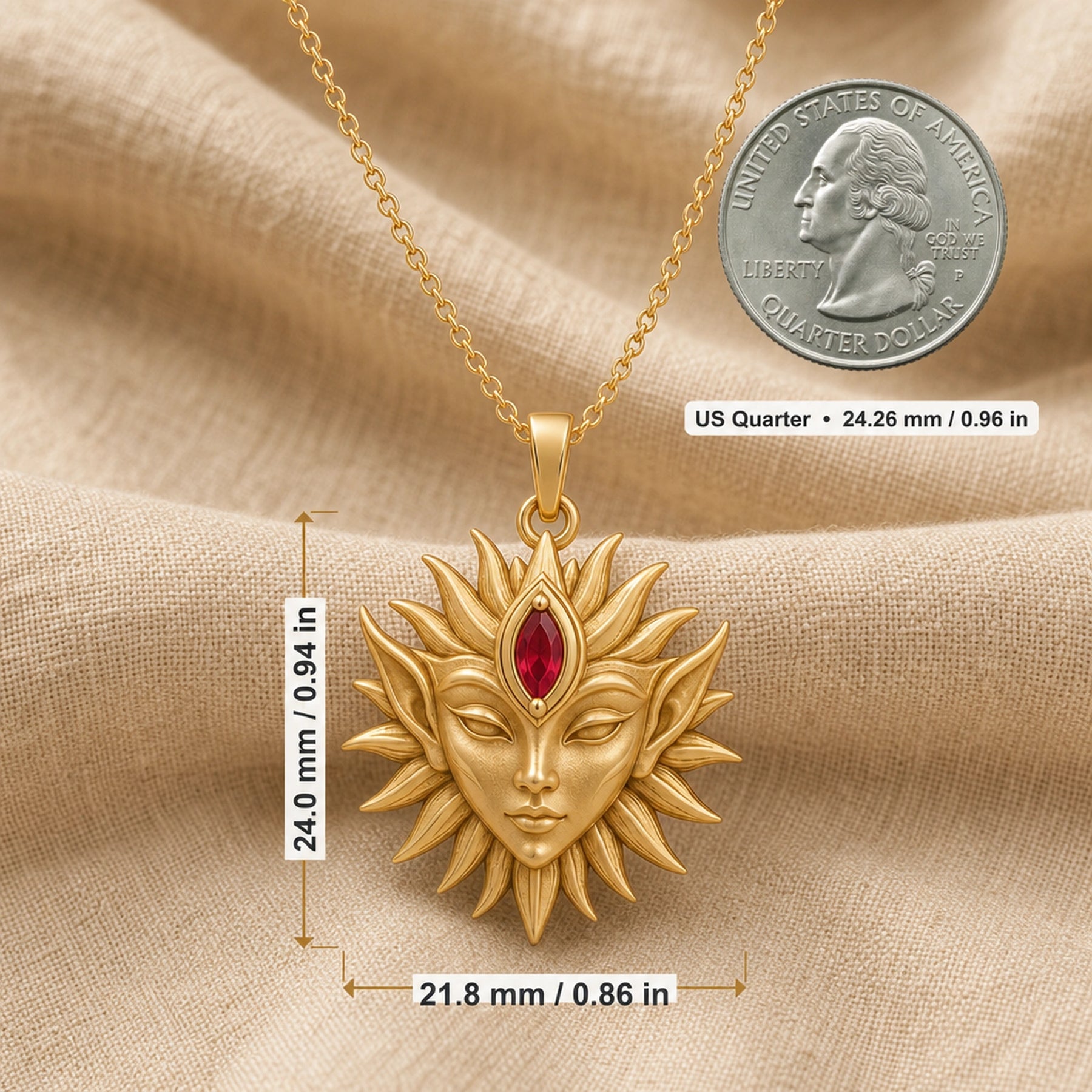 Marquise ruby sun elf pendant with a detailed sculpted elf face, radiating sun rays, and a deep red marquise stone set at the center of the forehead. Product dimensions and measurements.