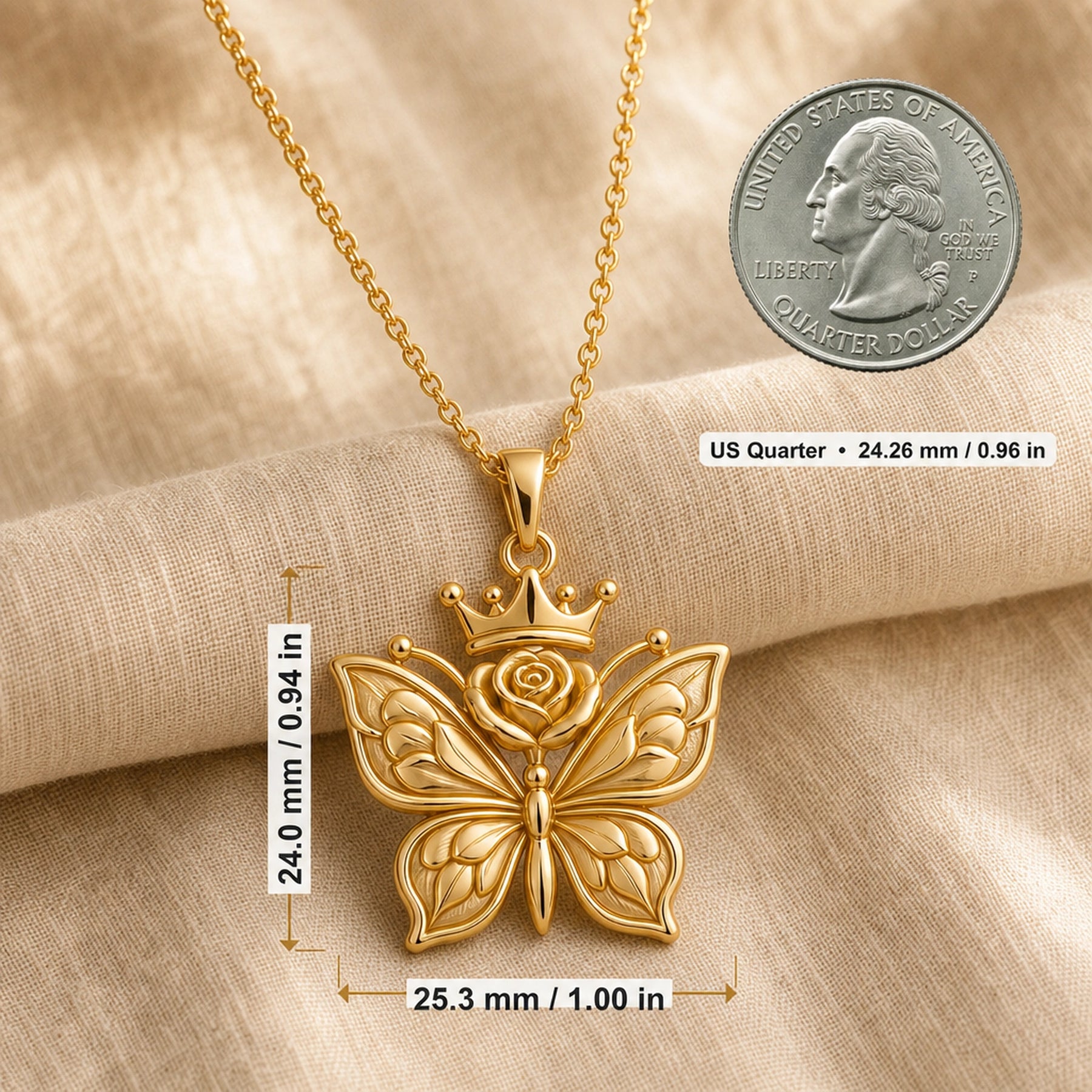 Rose-crowned butterfly pendant necklace with openwork textured wings, a raised floral rose, and a small crown above the butterfly in a warm polished finish. Product dimensions and measurements.