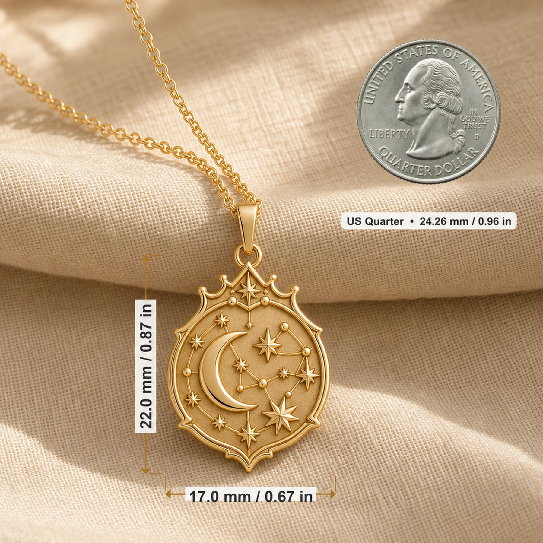 Crescent constellation pendant with raised moon, sculpted stars, orbit-like lines and an ornate celestial medallion border in 925 sterling silver. Product dimensions and measurements.