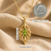 Blue Topaz Laurel Pendant with a green-toned faceted marquise stone, framed by detailed openwork laurel leaves in an elongated elven-inspired 925 sterling silver design. Product dimensions and measurements.