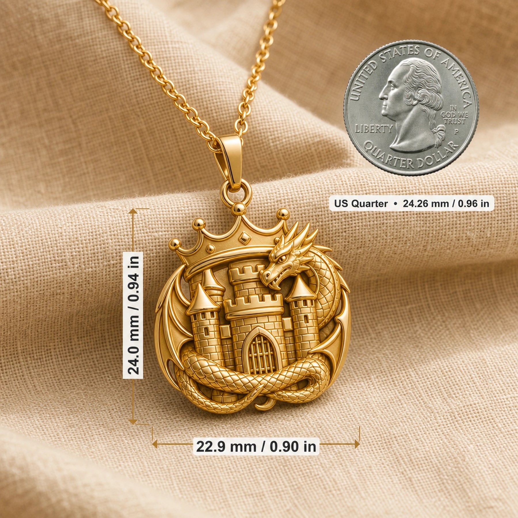 Dragonkeep crown pendant in 925 sterling silver with a detailed crowned castle, arched gate, scaled dragon wrapped around the design, wings, horns, and raised medieval relief. Product dimensions and measurements.