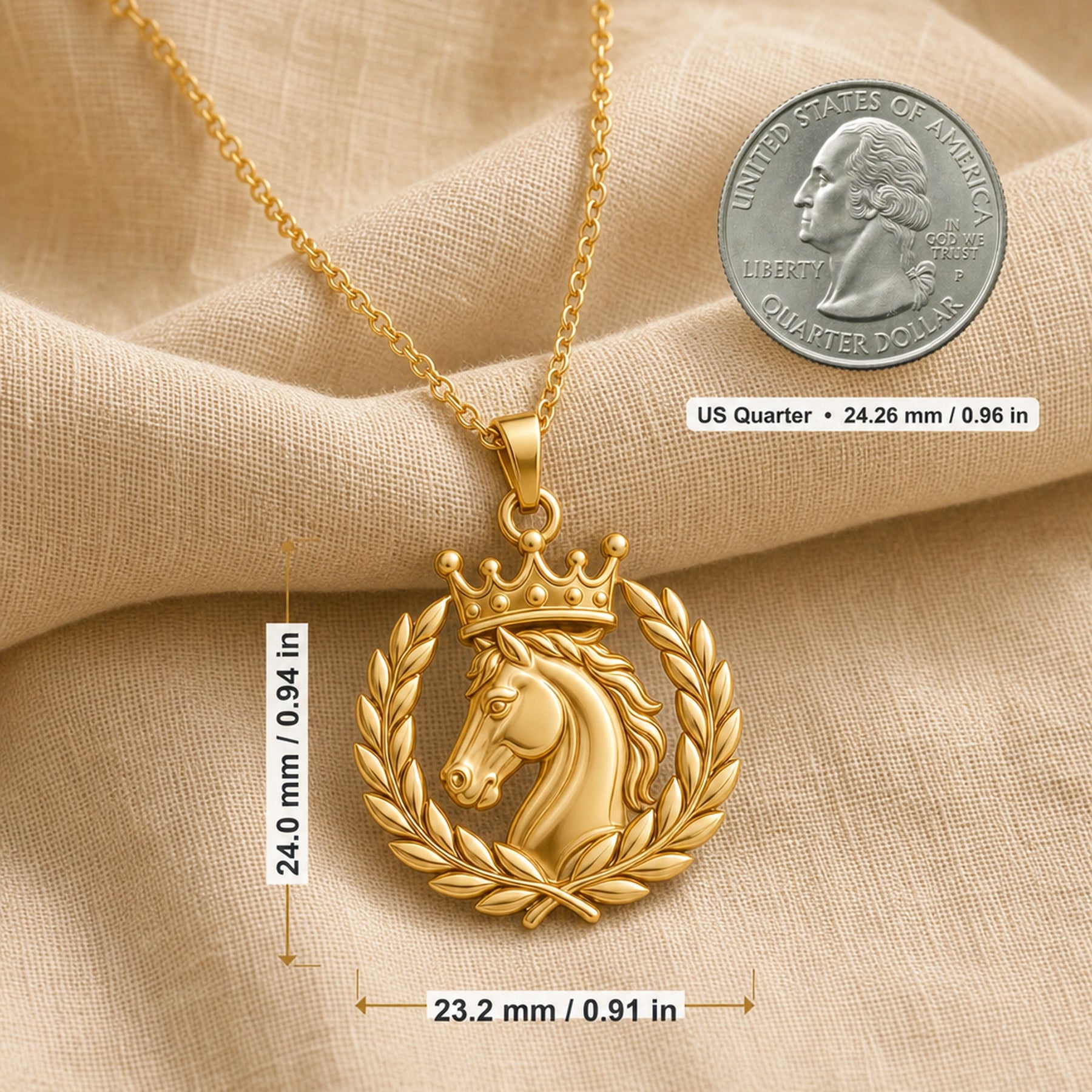 Imperial horse laurel crown pendant necklace with a sculpted horse head, ornate crown, detailed laurel wreath, raised relief, and warm yellow-toned finish on a cable chain. Product dimensions and measurements.