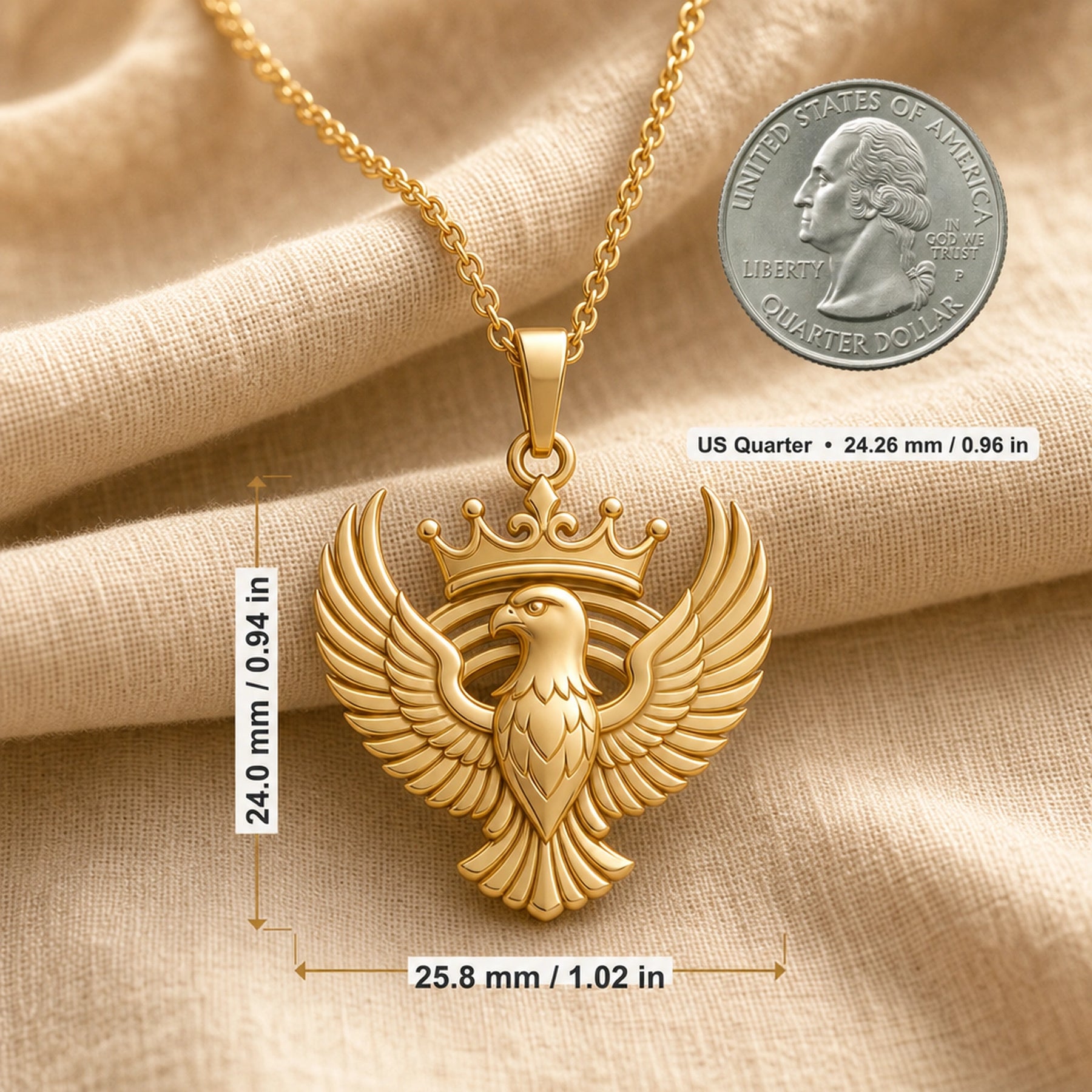 Crowned sky falcon pendant with wide spread wings, layered feather relief, a detailed bird head, sculpted crown, and warm-toned finish on a cable chain. Product dimensions and measurements.