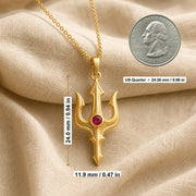Ruby trident pendant necklace in 925 sterling silver with curved three-pronged relief design and a round vivid red center stone in a bezel-style setting. Product dimensions and measurements.