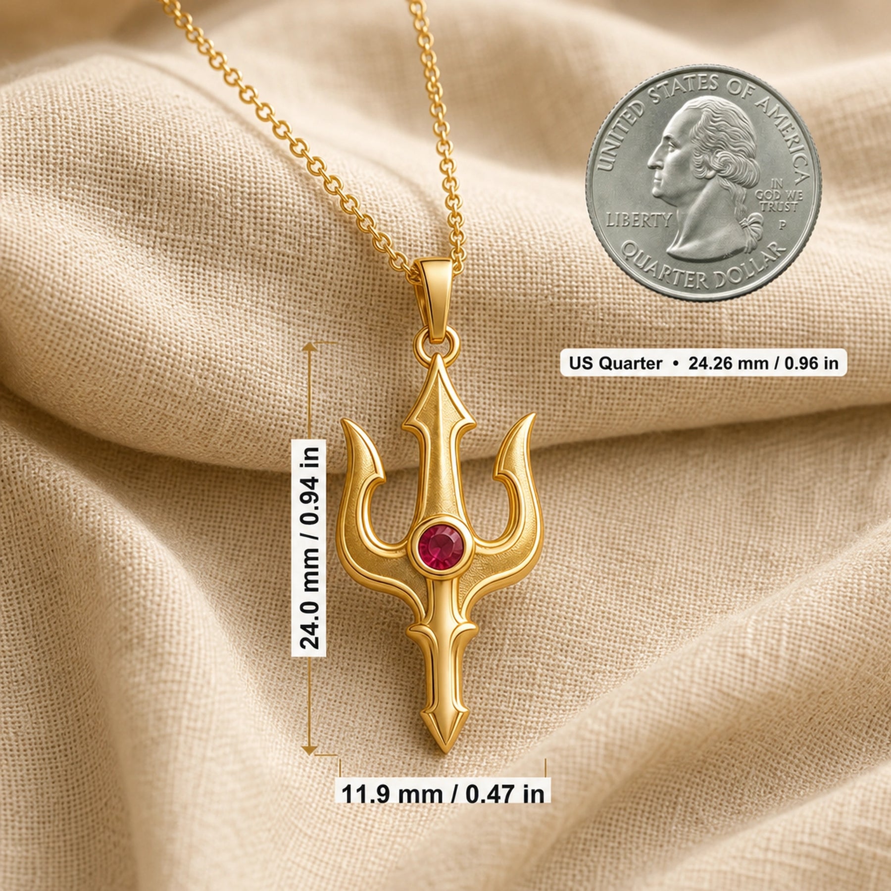 Ruby trident pendant necklace in 925 sterling silver with curved three-pronged relief design and a round vivid red center stone in a bezel-style setting. Product dimensions and measurements.