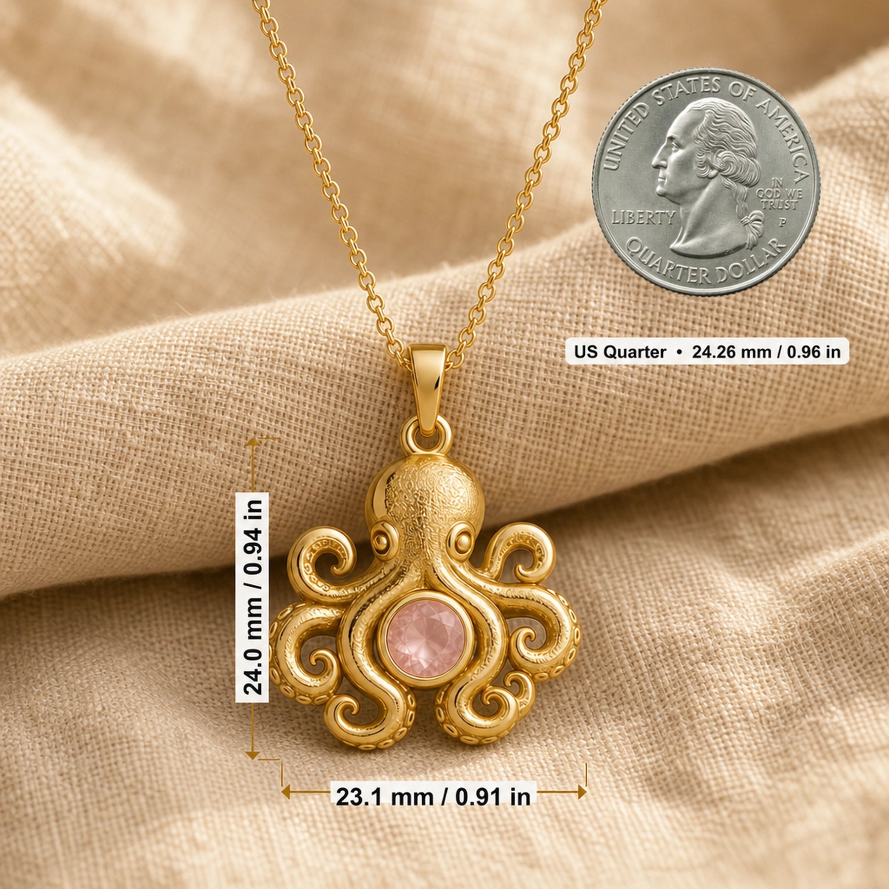 Rose quartz octopus pendant with a round pale pink stone in a smooth bezel setting, textured octopus head, curled tentacles, and ornate raised marine details. Product dimensions and measurements.