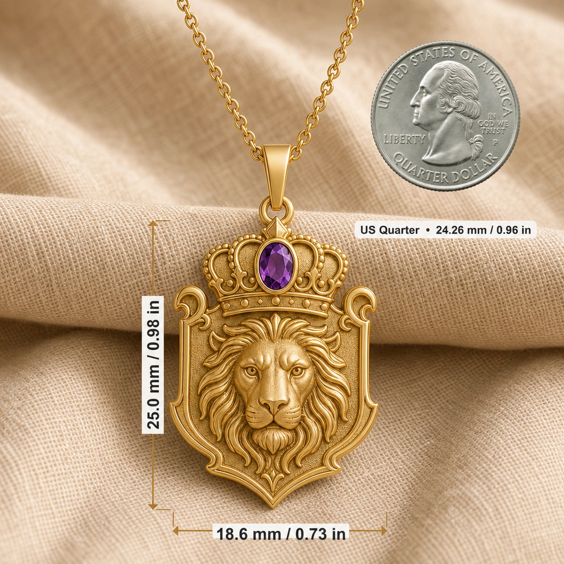 Amethyst crown lion crest pendant with a detailed lion head in a shield-shaped relief, ornate crown scrollwork, and an oval purple amethyst stone in a framed setting. Product dimensions and measurements.