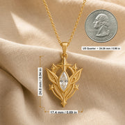 White Crystal Star Elf pendant in 925 sterling silver, featuring a faceted marquise clear crystal framed by pointed leaf forms, raised stars, and detailed celestial metalwork. Product dimensions and measurements.