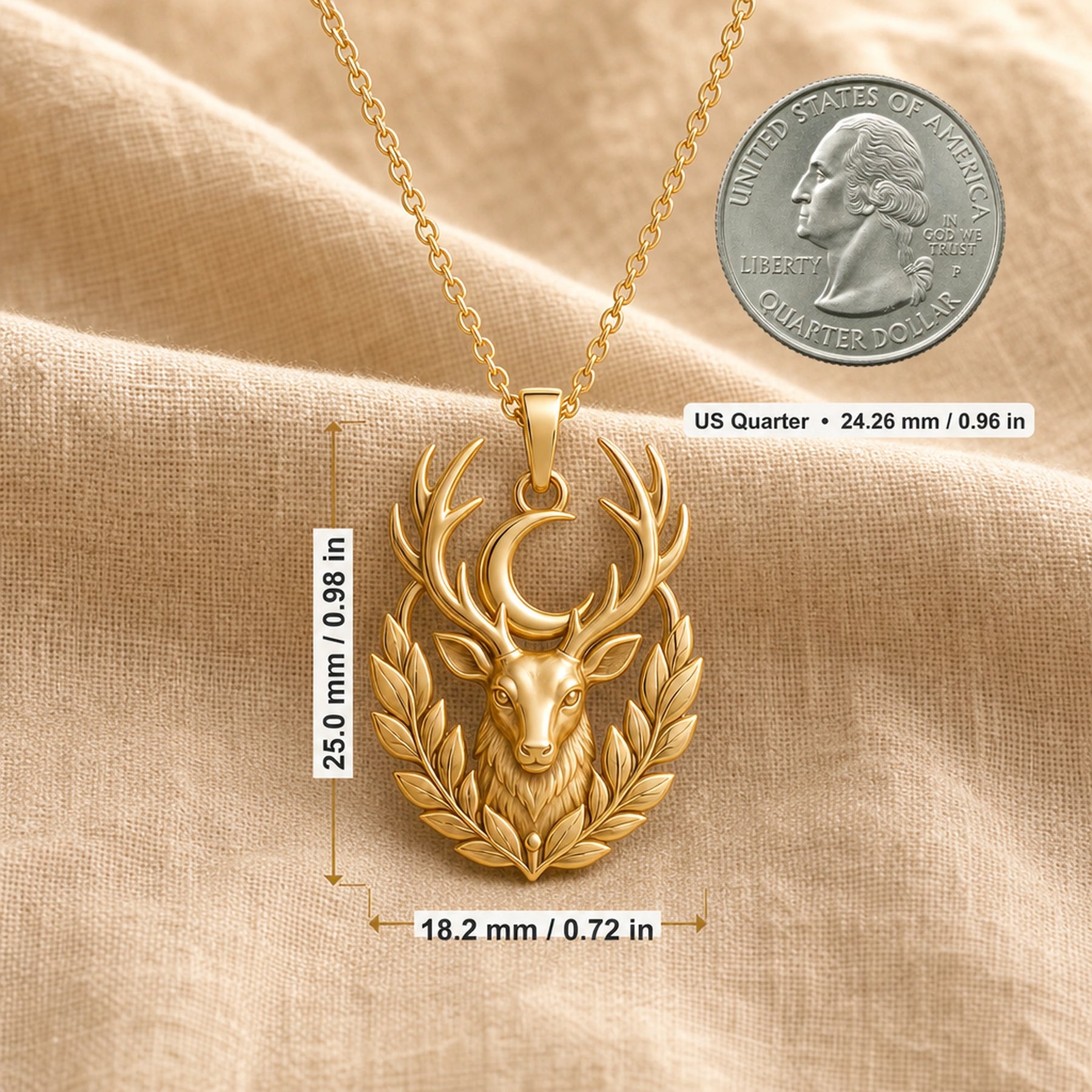 Moonleaf stag pendant necklace in 925 sterling silver with a raised deer head, branching antlers, crescent moon, and detailed leaf wreath in a warm yellow-tone finish. Product dimensions and measurements.