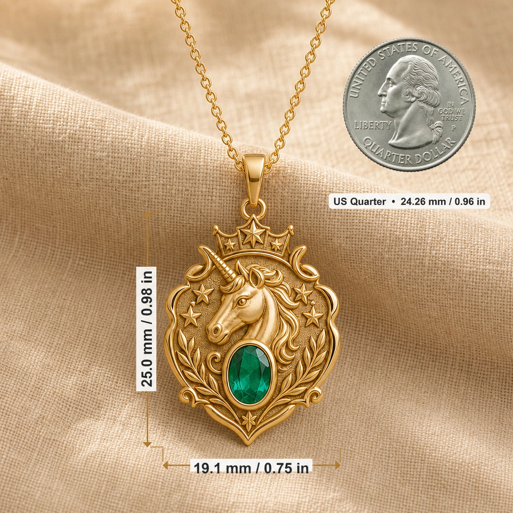 Emerald Unicorn Starcrest Pendant with a sculpted unicorn head, raised stars and leaf details, and an oval faceted green emerald in a framed center setting. Product dimensions and measurements.