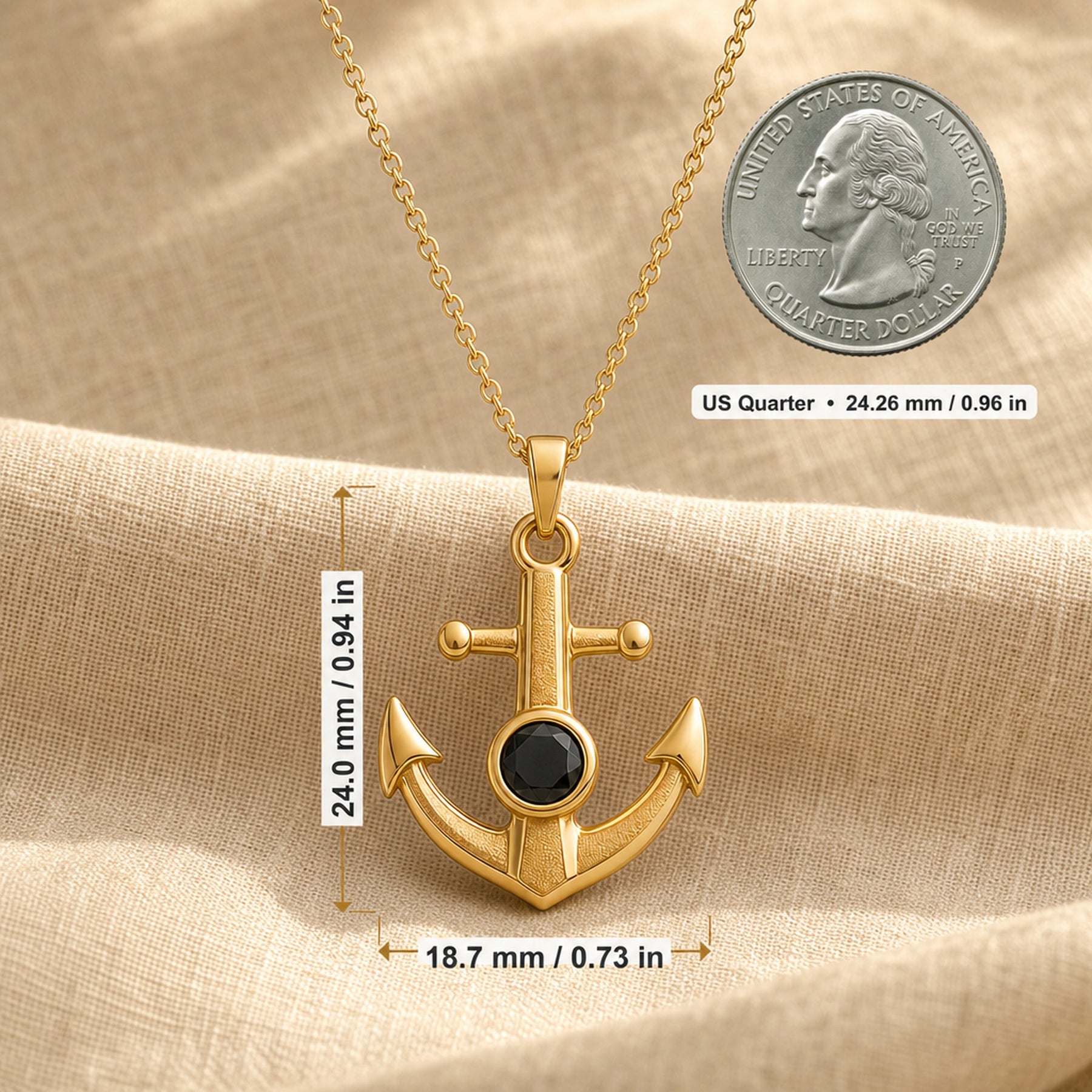 Black onyx anchor pendant with a faceted dark stone in a round bezel setting, raised textured center, polished arrowhead flukes, and cable chain. Product dimensions and measurements.