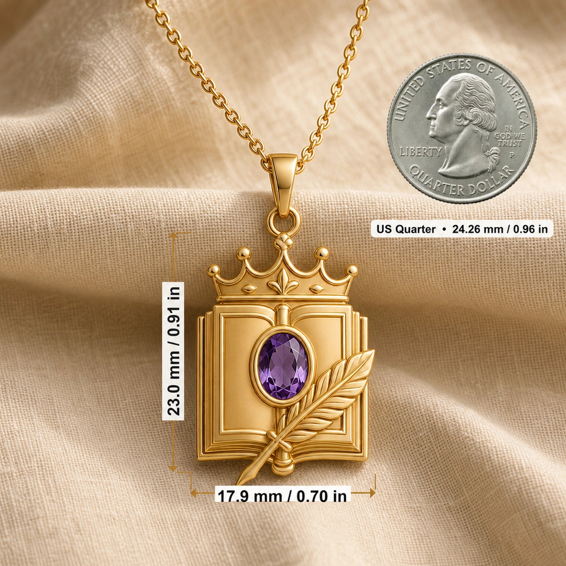 Crowned quill codex amethyst pendant with an oval faceted purple stone in a raised setting, detailed book frame, sculpted feather, and ornate crown motif. Product dimensions and measurements.