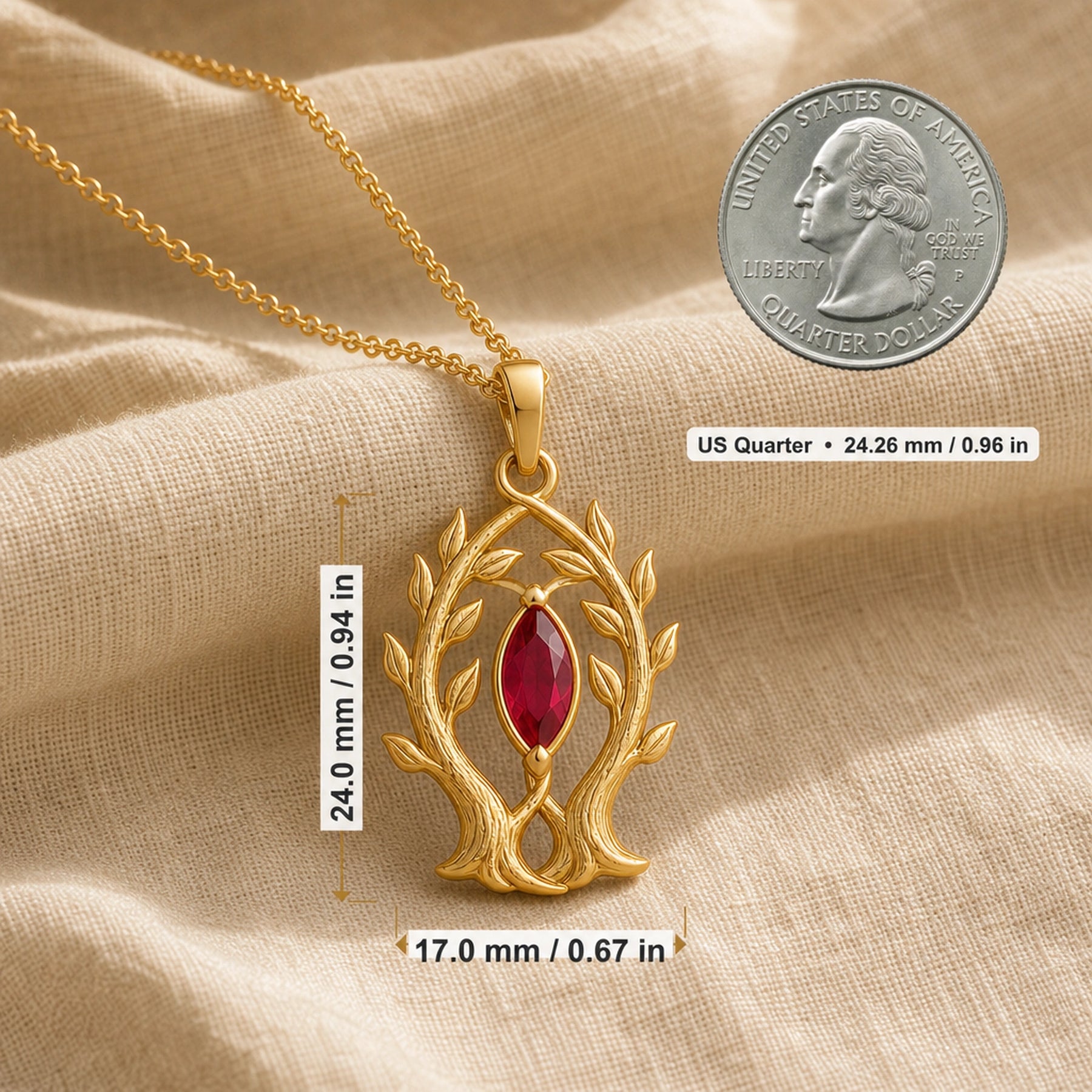 Marquise ruby branch pendant in 925 sterling silver, featuring a deep red faceted marquise stone held in a leaf-tipped openwork tree frame. Product dimensions and measurements.