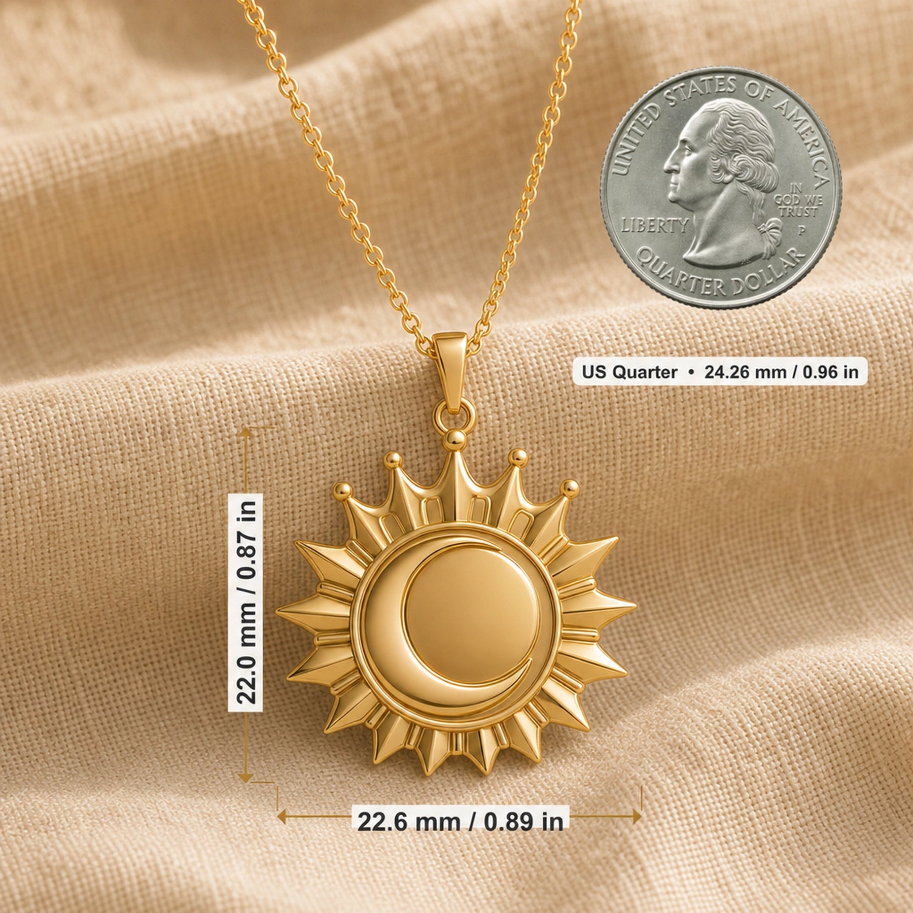 Regal eclipse sunray crown pendant with a raised circular center, pointed radiant rays, crown-like arches, and polished warm yellow finish on a cable chain. Product dimensions and measurements.
