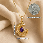 925 sterling silver wavecrest pendant curling around a round purple amethyst centerpiece with flowing textured details. Product dimensions and measurements.