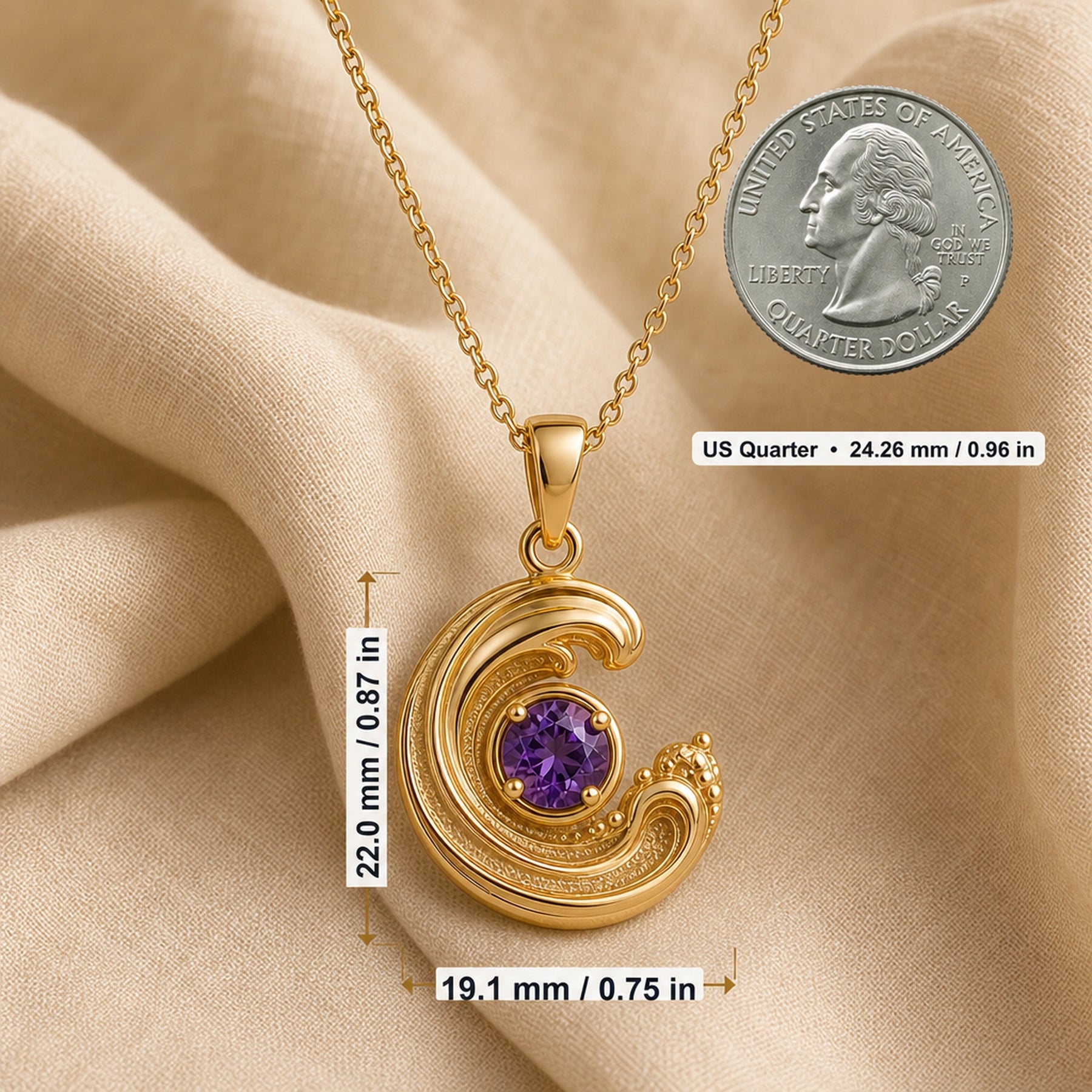 925 sterling silver wavecrest pendant curling around a round purple amethyst centerpiece with flowing textured details. Product dimensions and measurements.