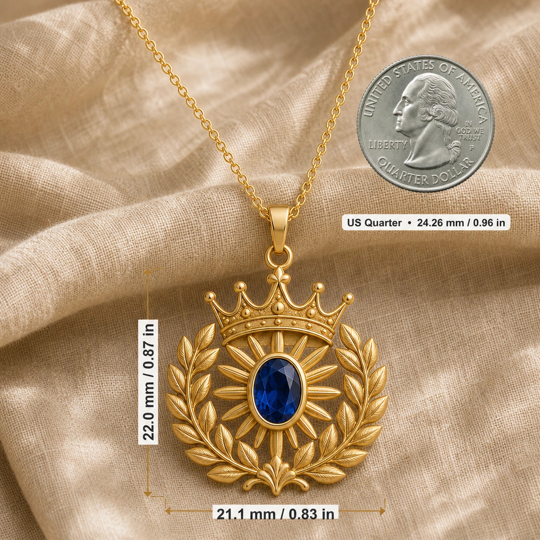 Sapphire laurel crown pendant with an oval deep blue sapphire in a raised setting, radiating sun rays, textured crown, and sculpted laurel wreath details. Product dimensions and measurements.