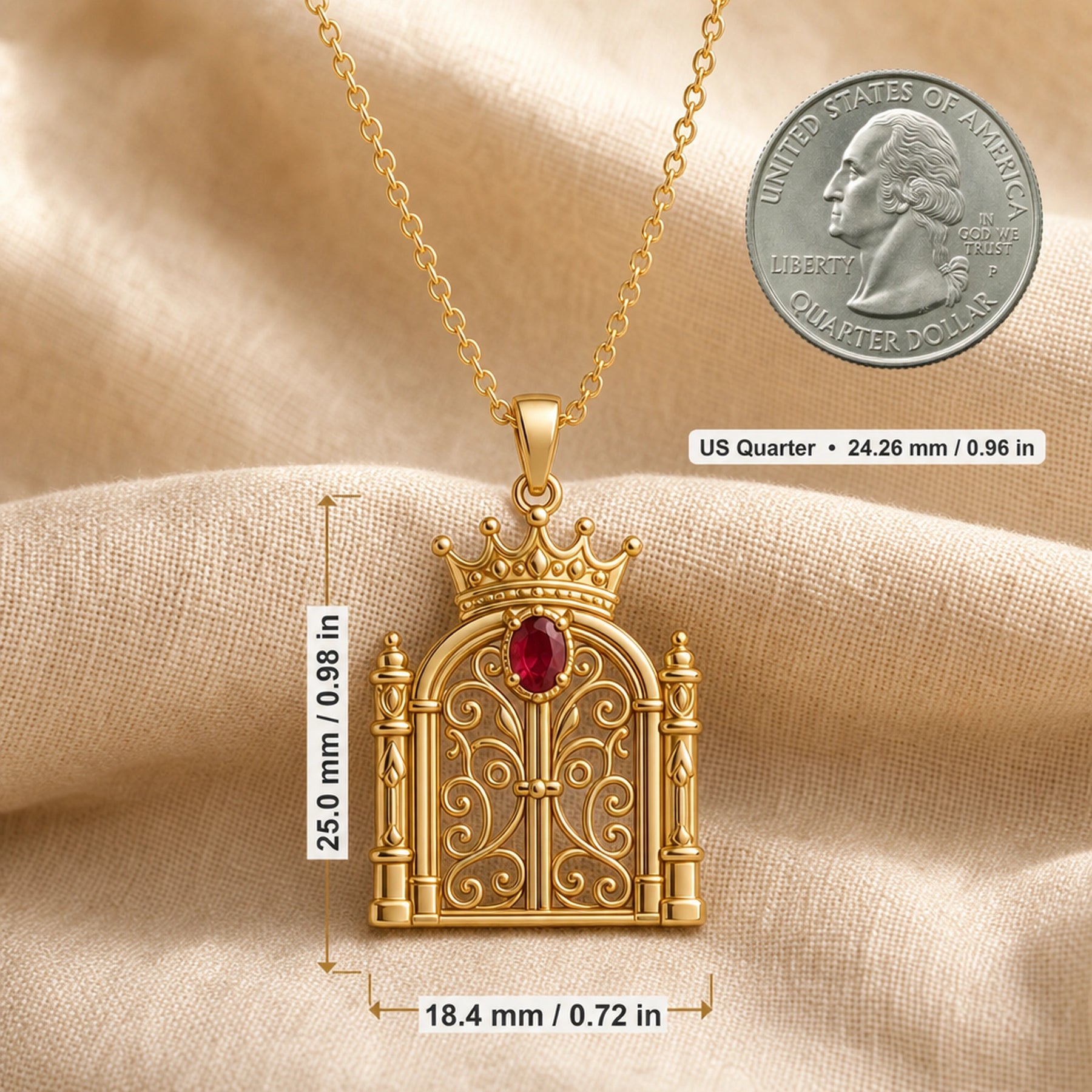 Ruby crowned gate pendant with a deep red oval stone in a raised setting, ornate curling ironwork, framed columns, and a detailed crown above the arched gate. Product dimensions and measurements.