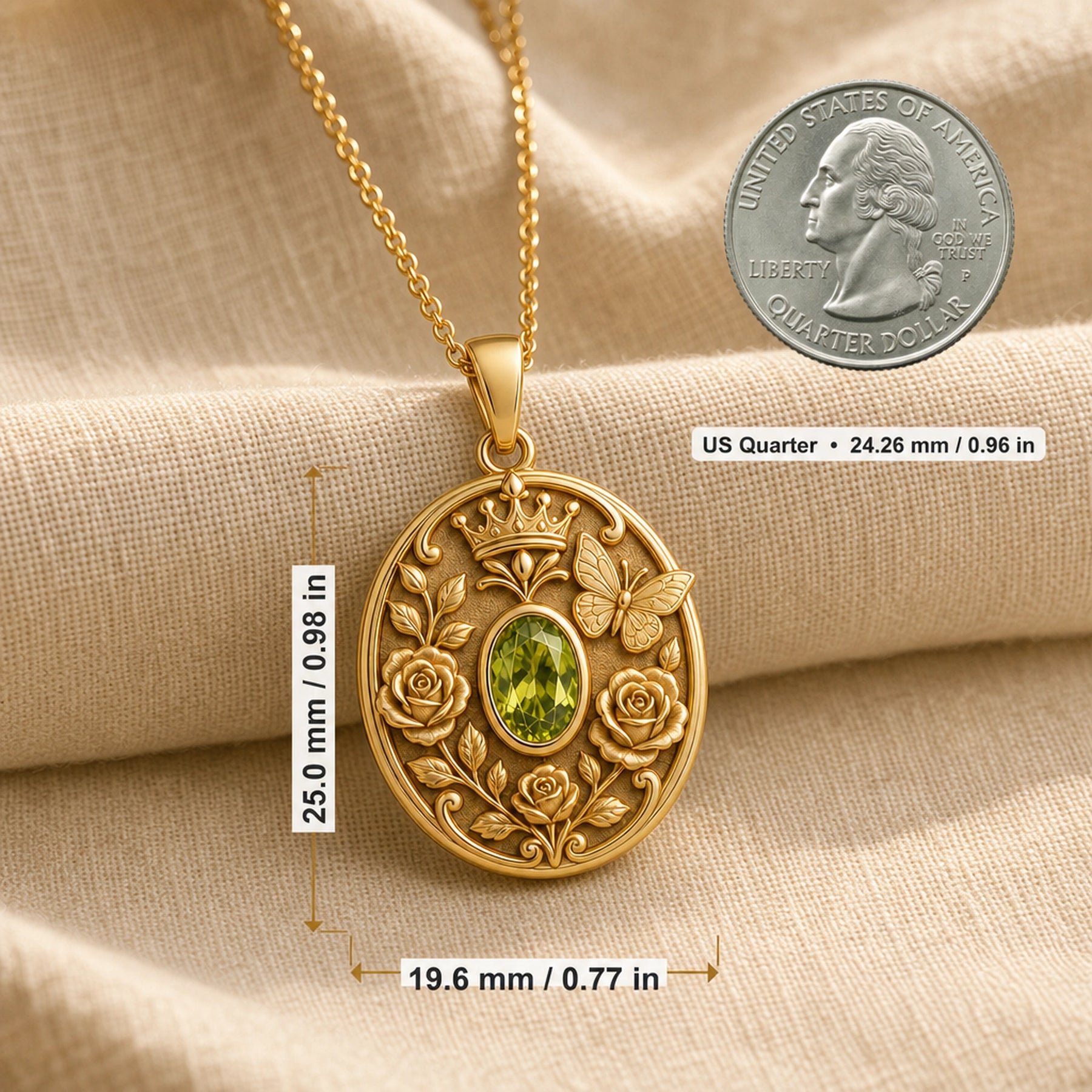 Oval peridot butterfly pendant in 925 sterling silver with a faceted green stone, raised roses, leafy vines, crown detail, and a sculpted butterfly. Product dimensions and measurements.