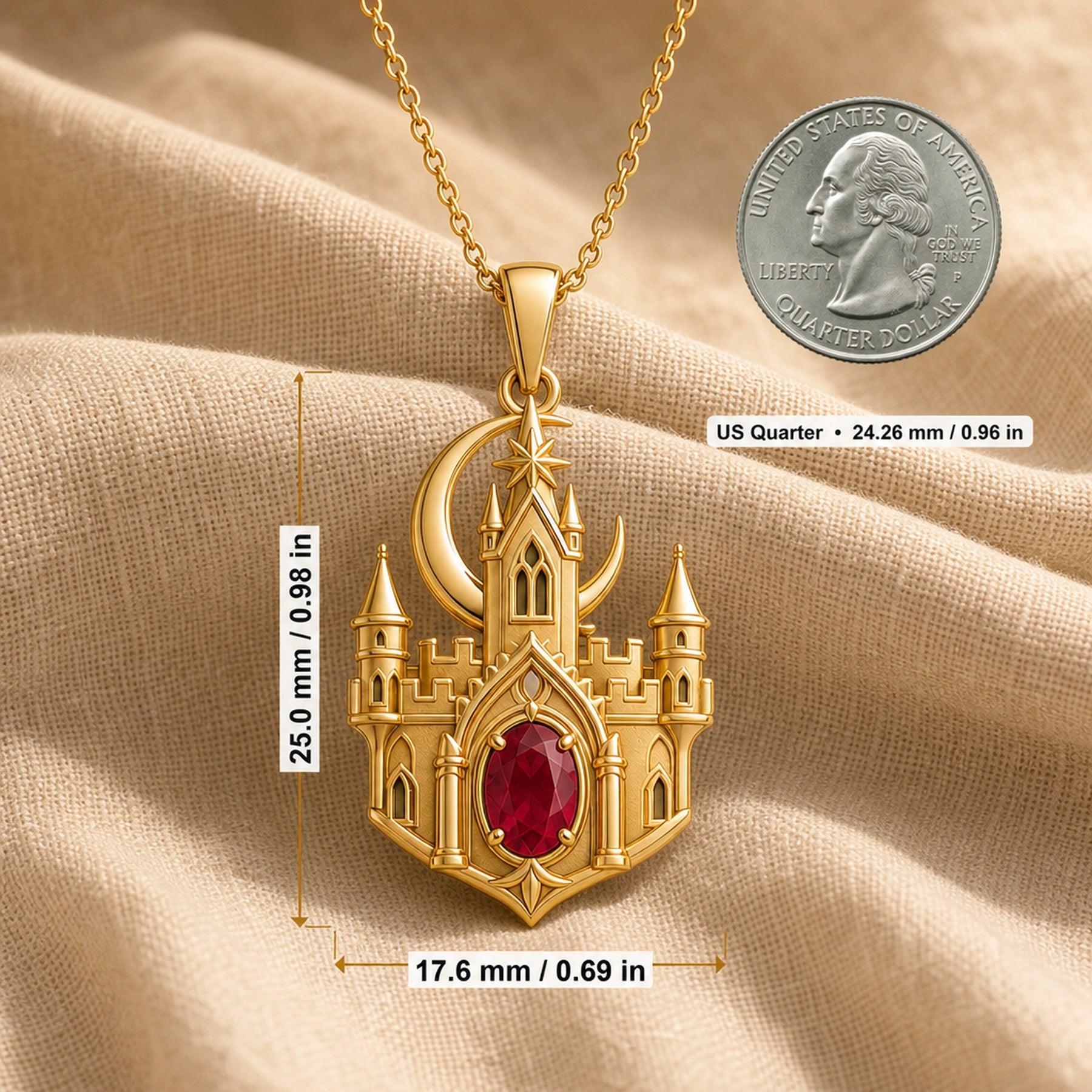 Ruby Moonspire Castle Pendant in 925 sterling silver with detailed pointed towers, arched windows, a crescent moon, star accent, and oval deep red ruby-colored stone in a prong setting. Product dimensions and measurements.