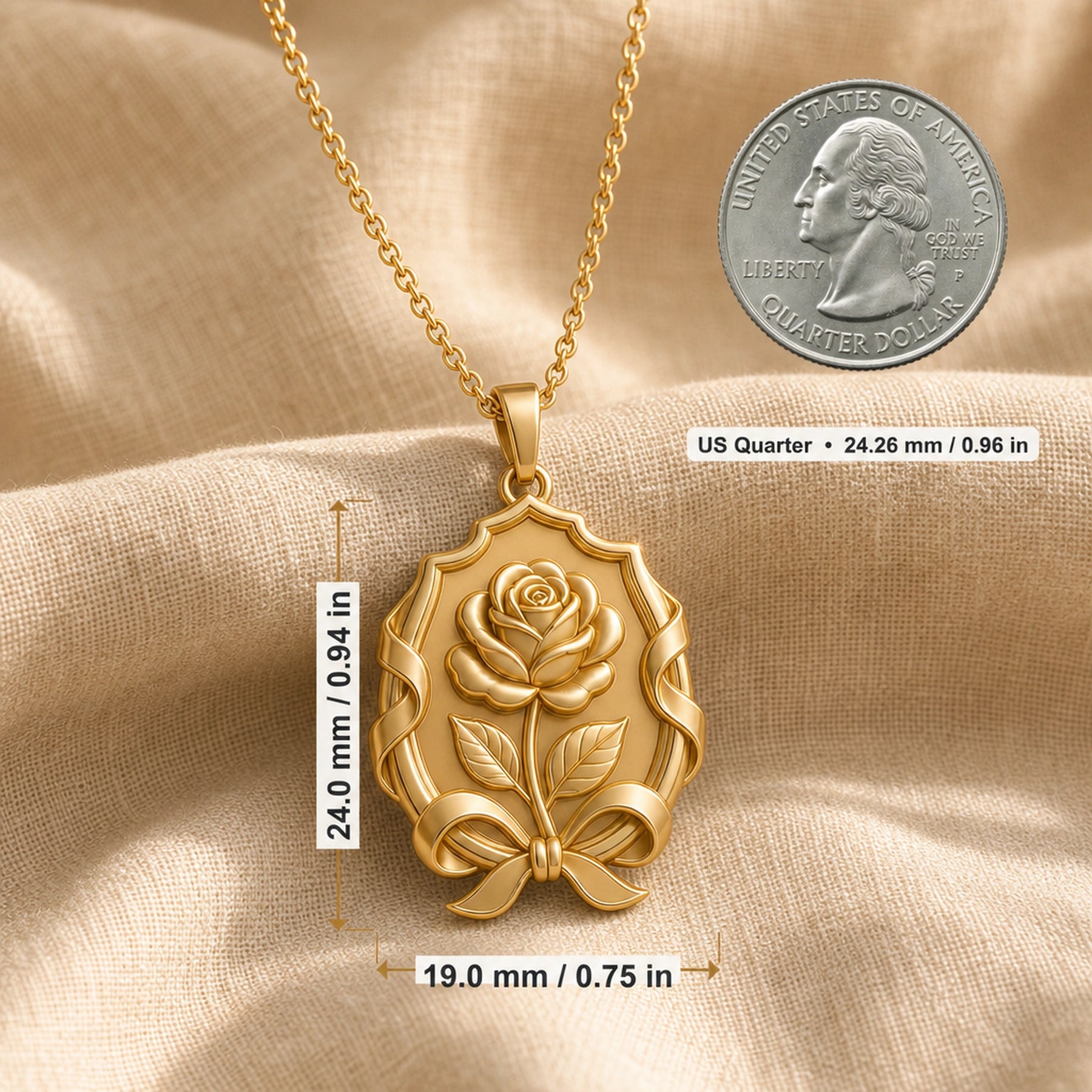 Duchess rose ribbon emblem pendant with a raised floral relief, engraved leaves, flowing ribbon frame, bow detail, and polished warm-toned finish. Product dimensions and measurements.
