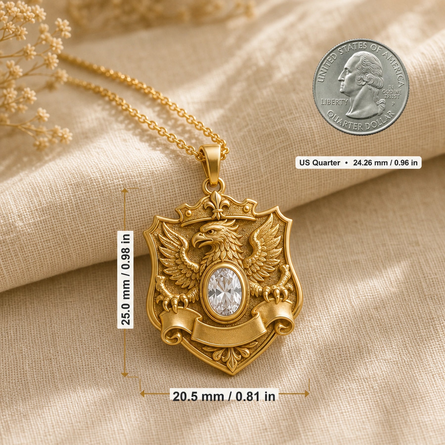 Crystal griffin crest pendant with a raised winged griffin, detailed shield and banner scroll, and a clear oval crystal in a smooth bezel-style setting. Product dimensions and measurements.