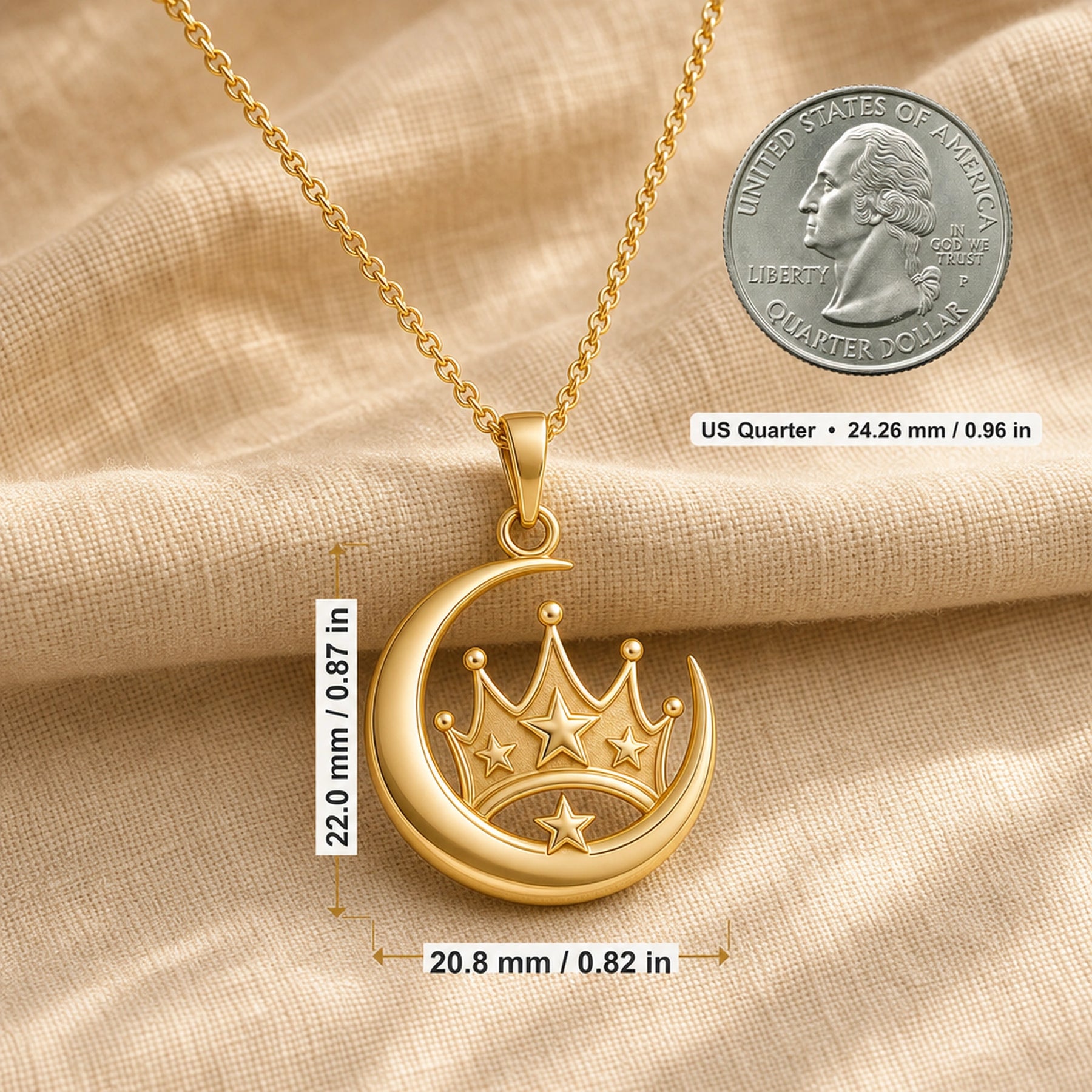 Royal moonstar crown pendant in 925 sterling silver with a polished crescent moon surrounding a raised crown, dimensional star accents, and a detailed celestial design. Product dimensions and measurements.