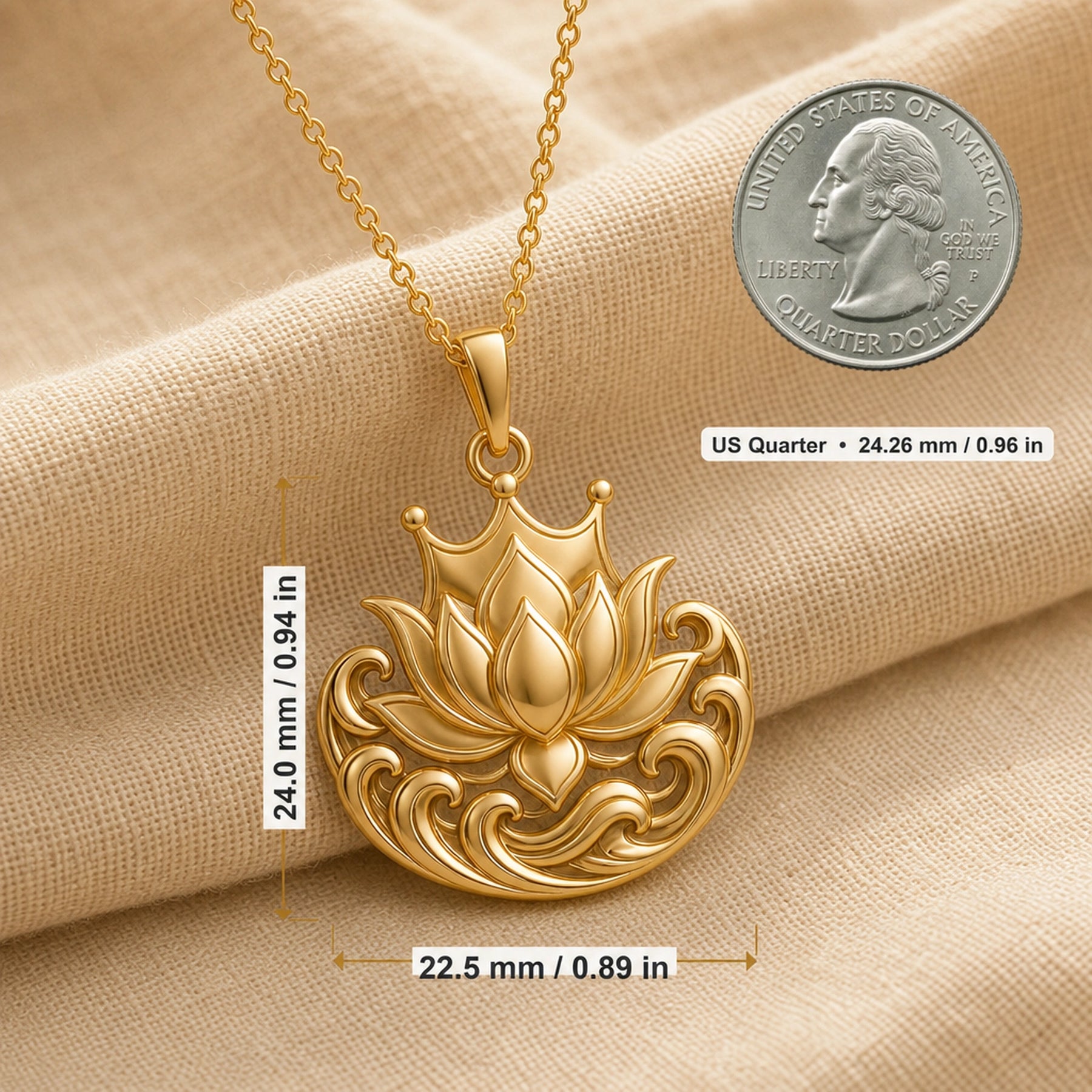Royal Lotus Tidecrown pendant with a raised lotus bloom, crown-like arches, and detailed wave scrollwork in a polished stone-free 925 sterling silver design. Product dimensions and measurements.