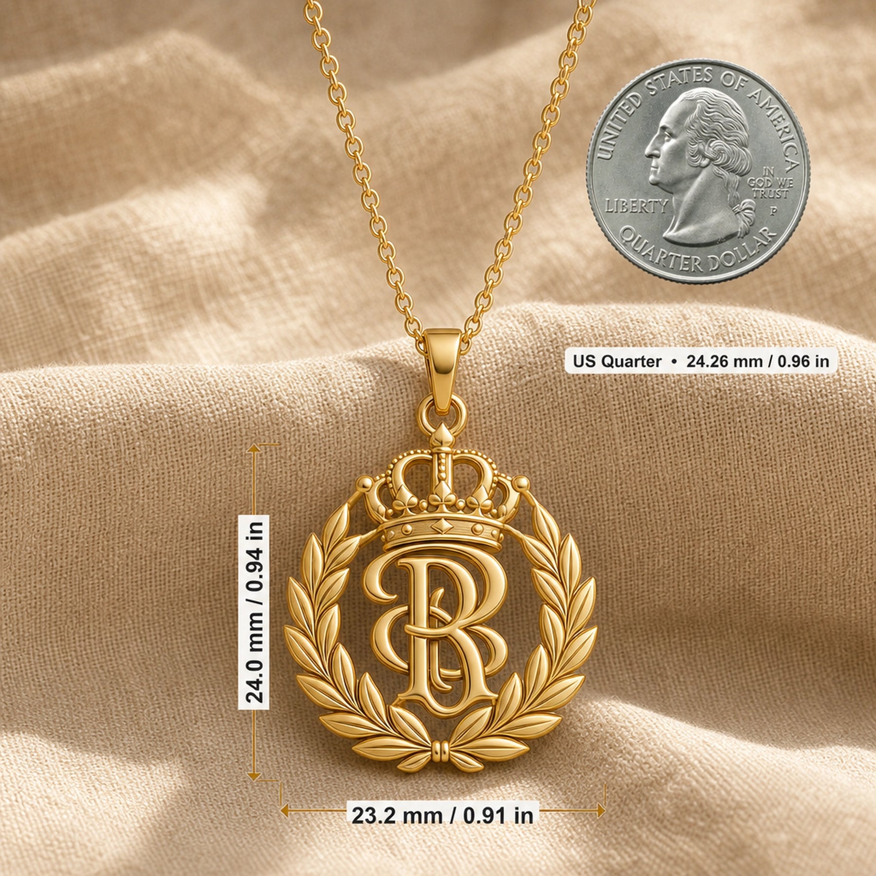 Handcrafted 925 sterling silver sovereign laurel crown monogram pendant shown as a detailed pendant necklace. Product dimensions and measurements.