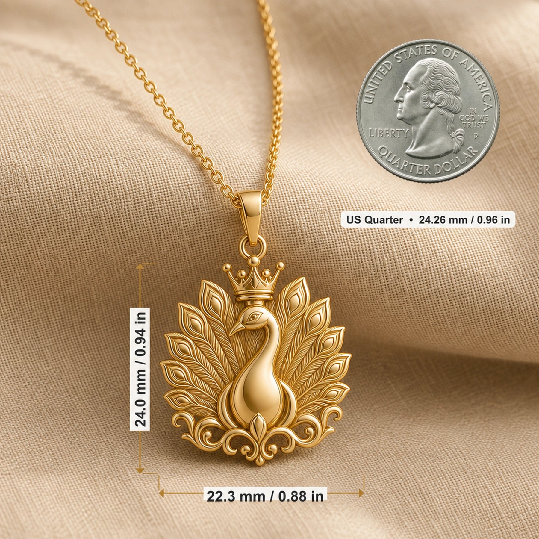 Imperial peacock crown pendant with a raised peacock, layered feather-plume relief, ornate scrolling base, and detailed crown on a cable chain. Product dimensions and measurements.